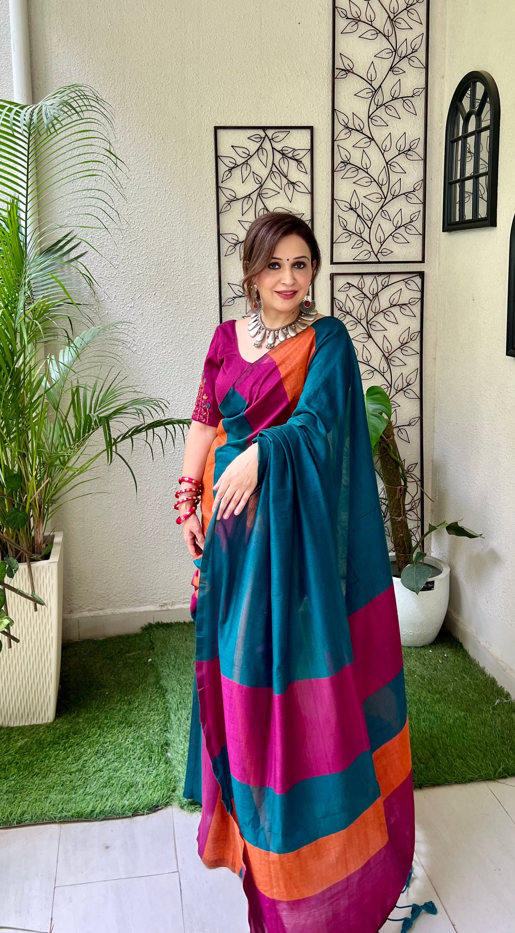 Handcrafted Multicolor Rust Orange Navy Rose Gold Cotton Striped Saree