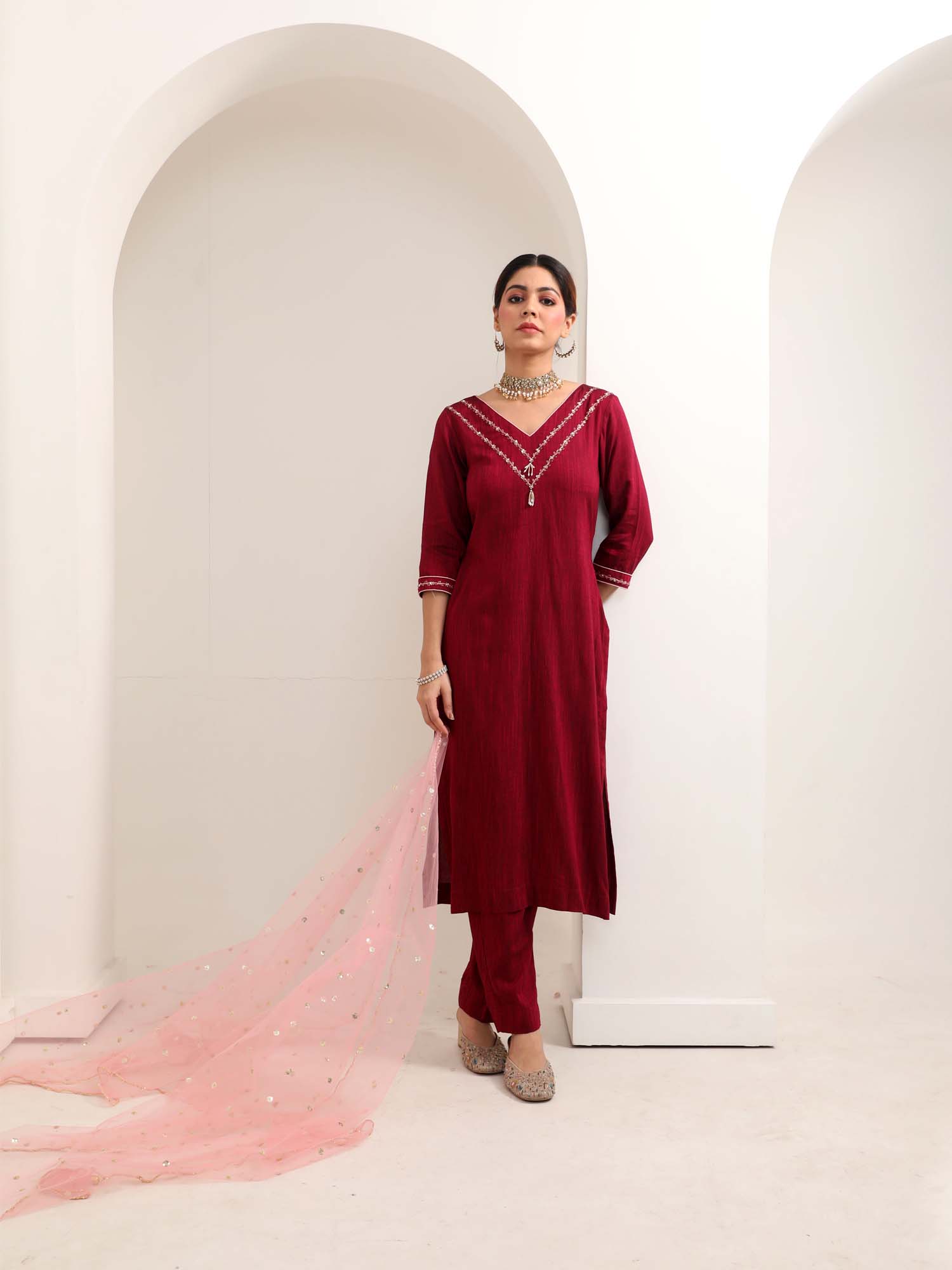 Light Wine Deep Red Slub Rayon Hand Embroidered Kurta Pant Net Dupatta