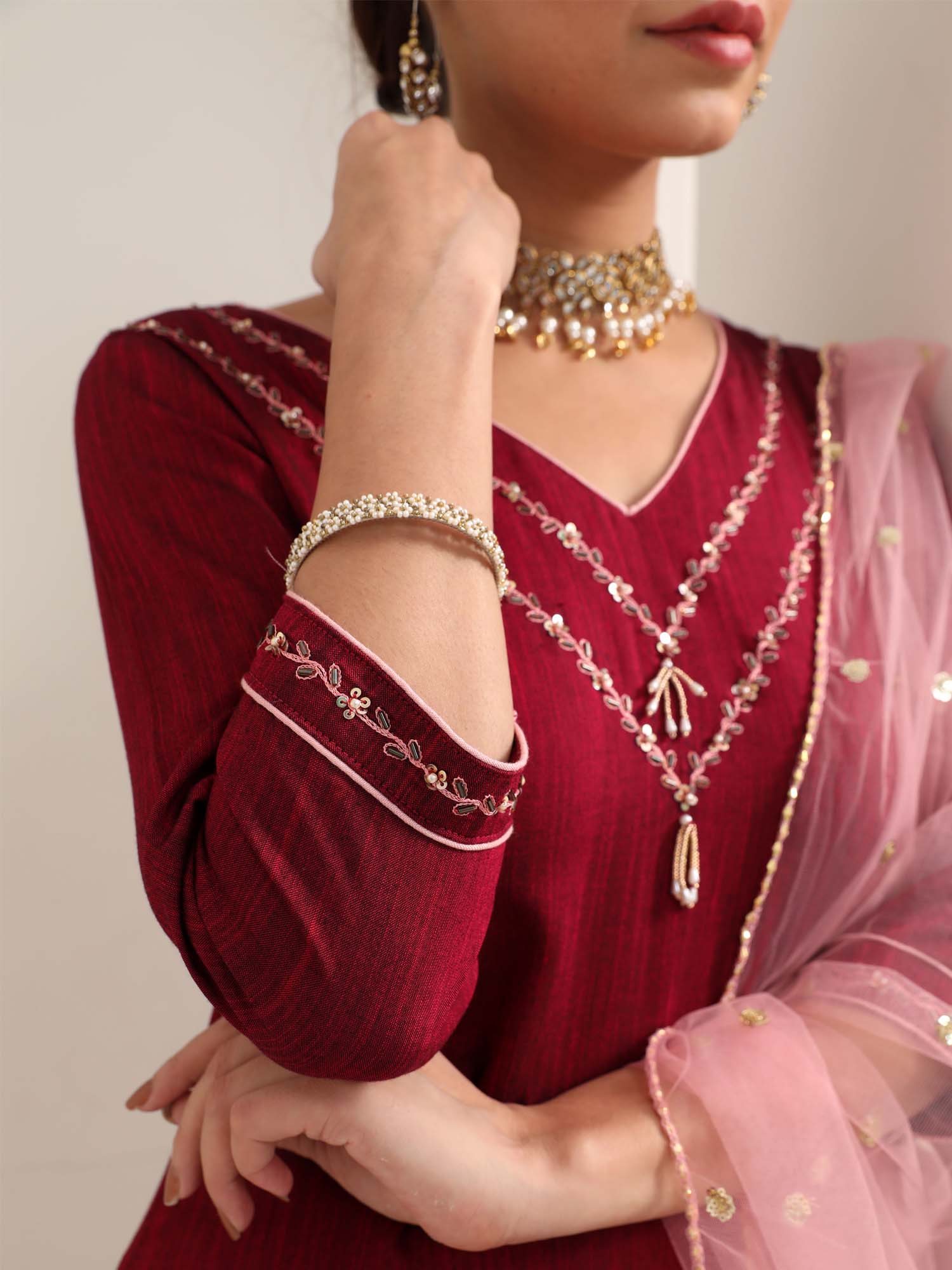 Light Wine Deep Red Slub Rayon Hand Embroidered Kurta Pant Net Dupatta