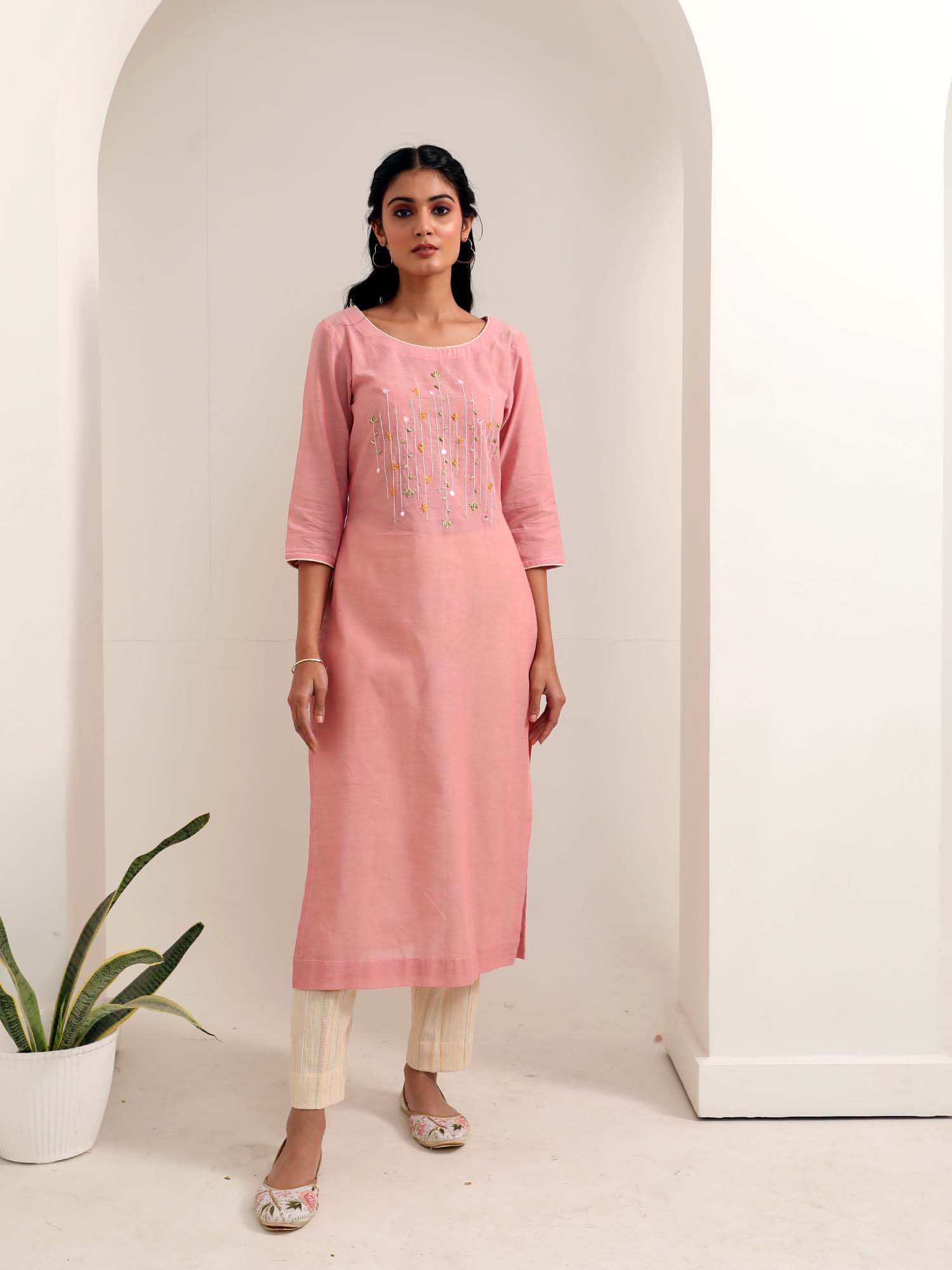 Ethereal Pink Off White Cotton Hand Embroidered Kurta Pant Set - Flora