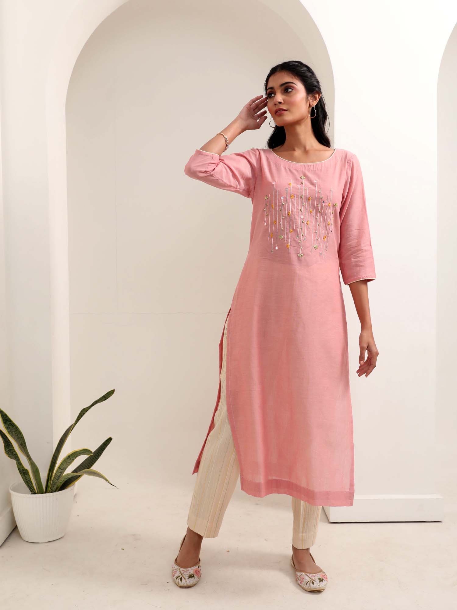 Ethereal Pink Off White Cotton Hand Embroidered Kurta Pant Set - Flora