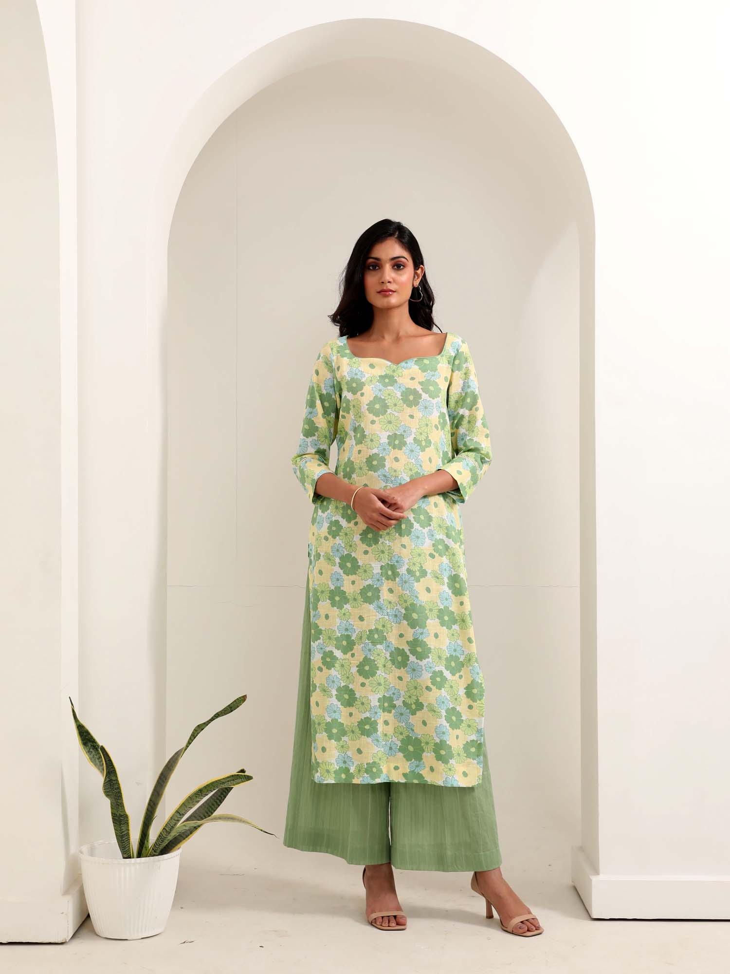 Vibrant Green Multicolor Cotton Floral Print Kurta Pant Set - Phulvari