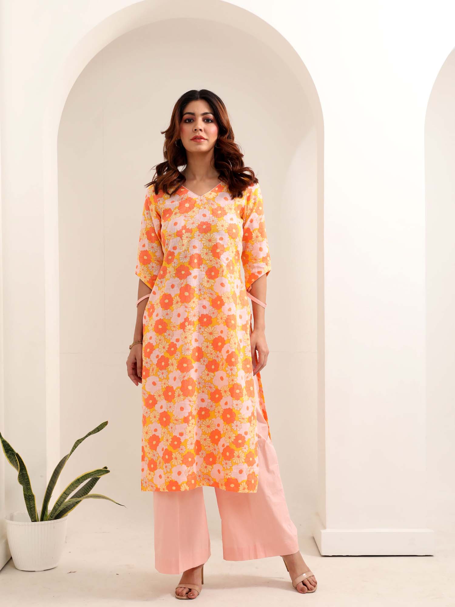 Vibrant Orange Pink Multicolor Cotton Floral Print Kurta Pant Set