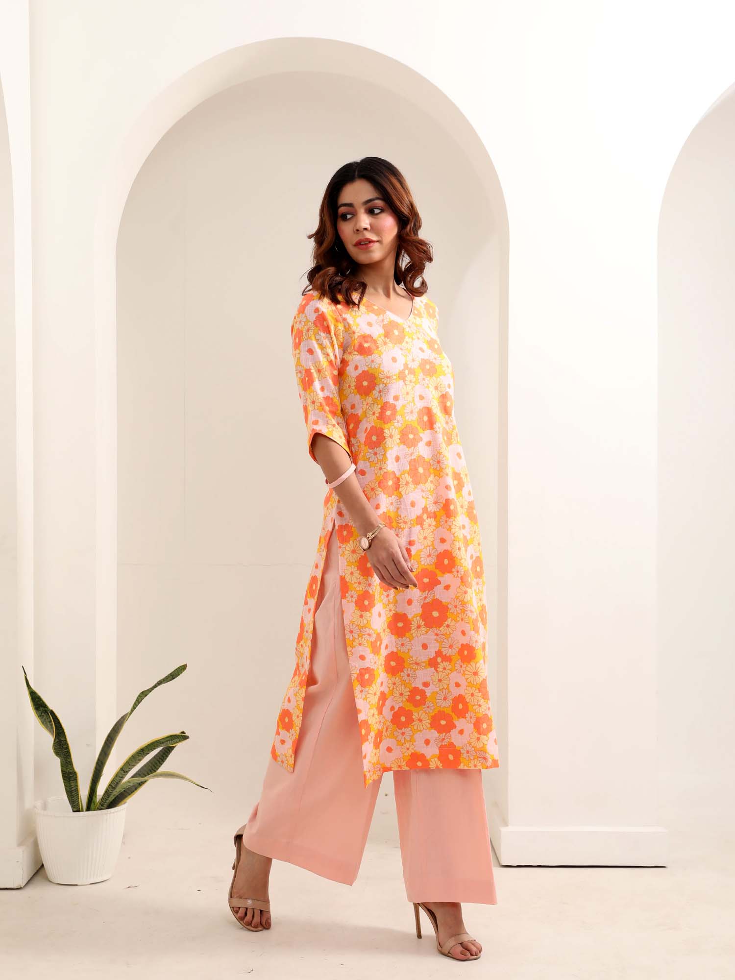 Vibrant Orange Pink Multicolor Cotton Floral Print Kurta Pant Set