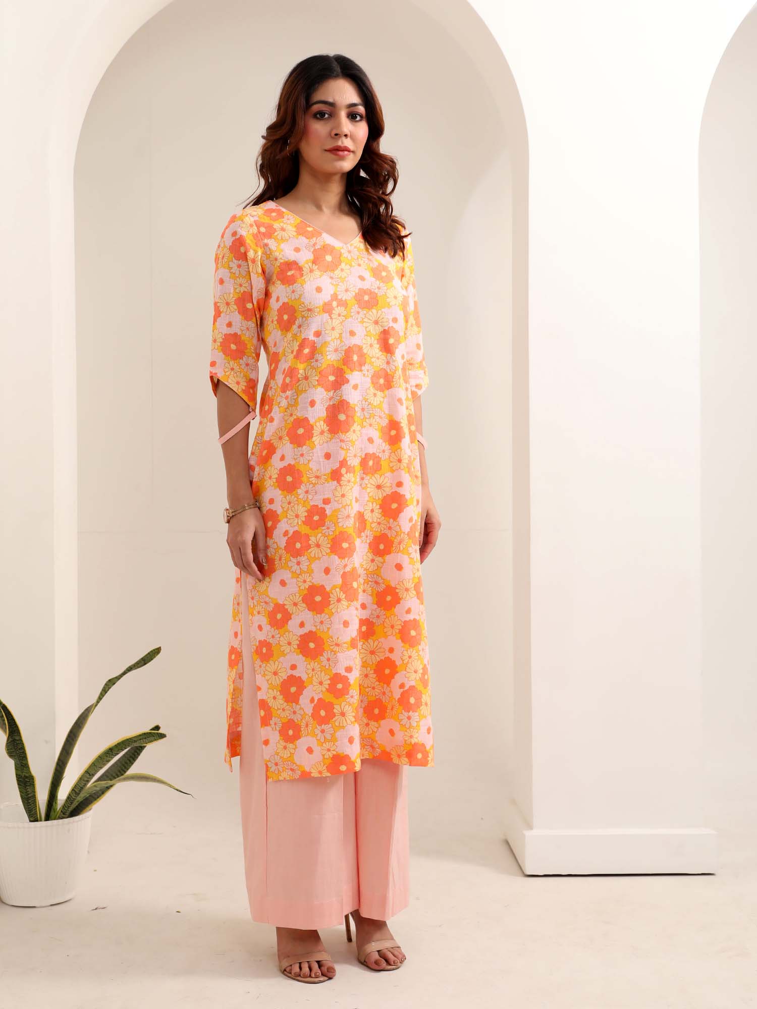 Vibrant Orange Pink Multicolor Cotton Floral Print Kurta Pant Set