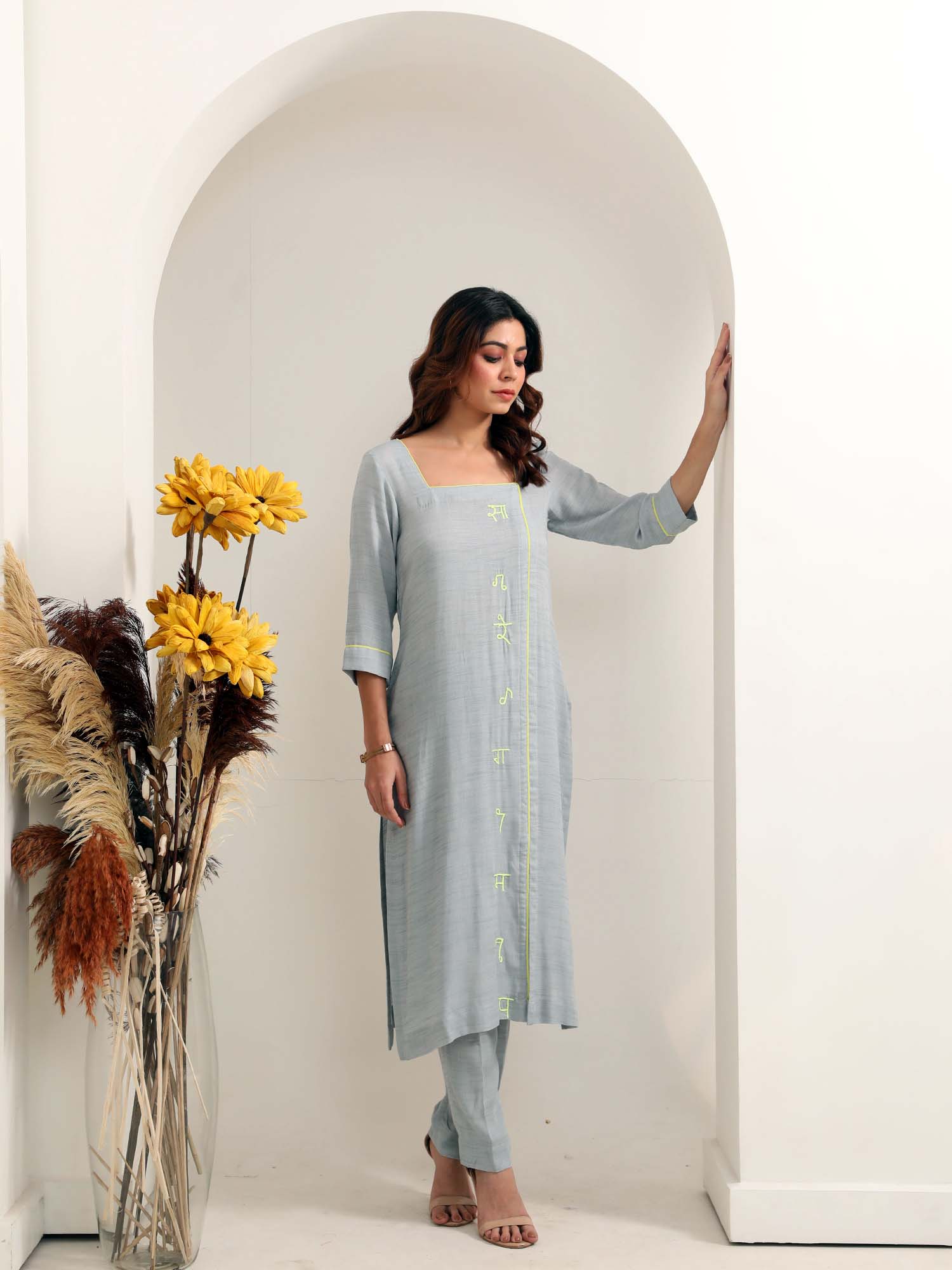 Soft Blue Grey Cotton Textured Kurta Pant Set Sargam Embroidery