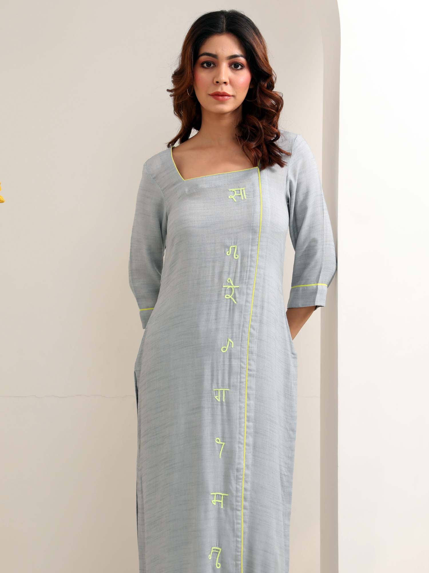 Soft Blue Grey Cotton Textured Kurta Pant Set Sargam Embroidery
