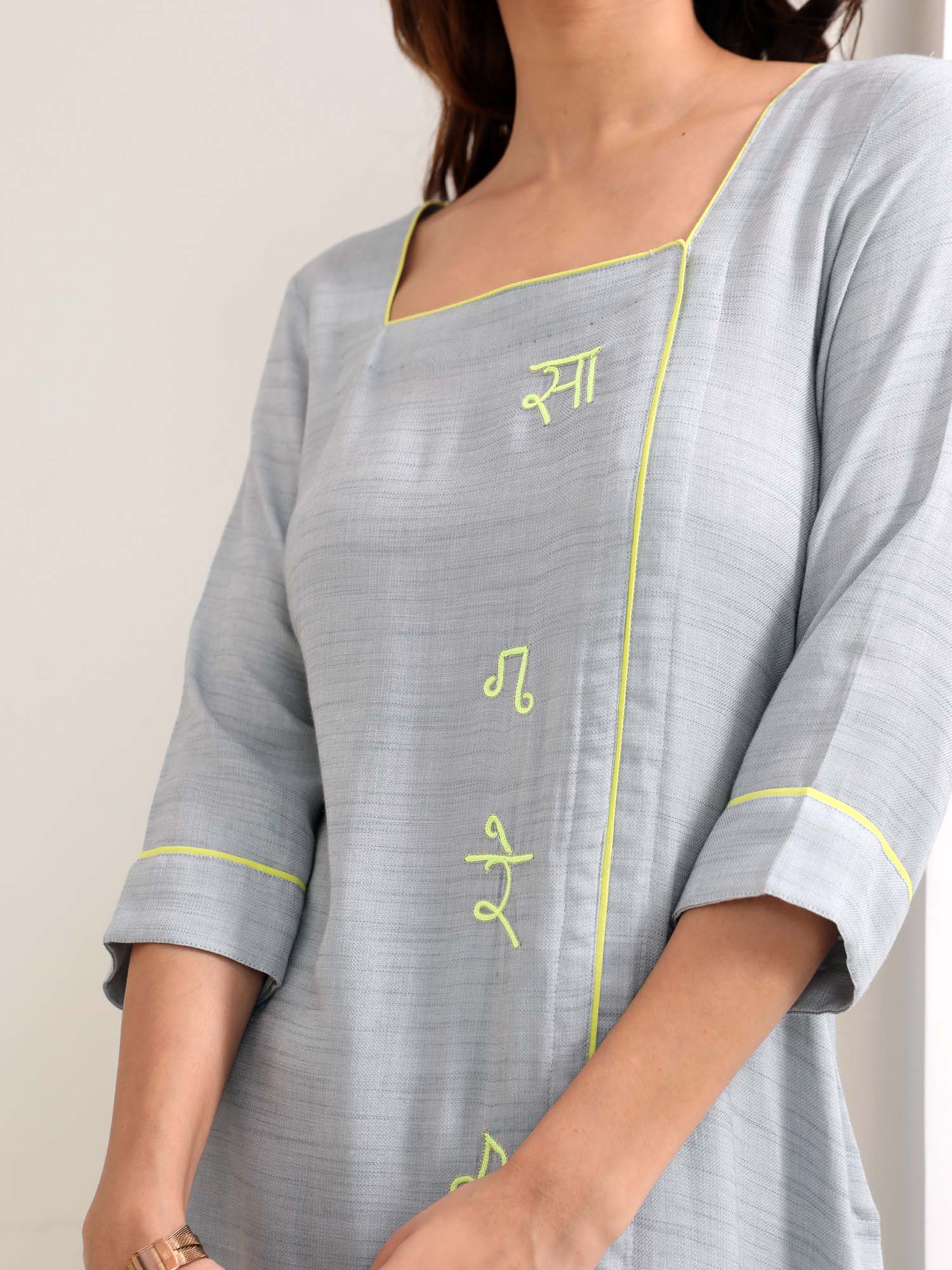 Soft Blue Grey Cotton Textured Kurta Pant Set Sargam Embroidery