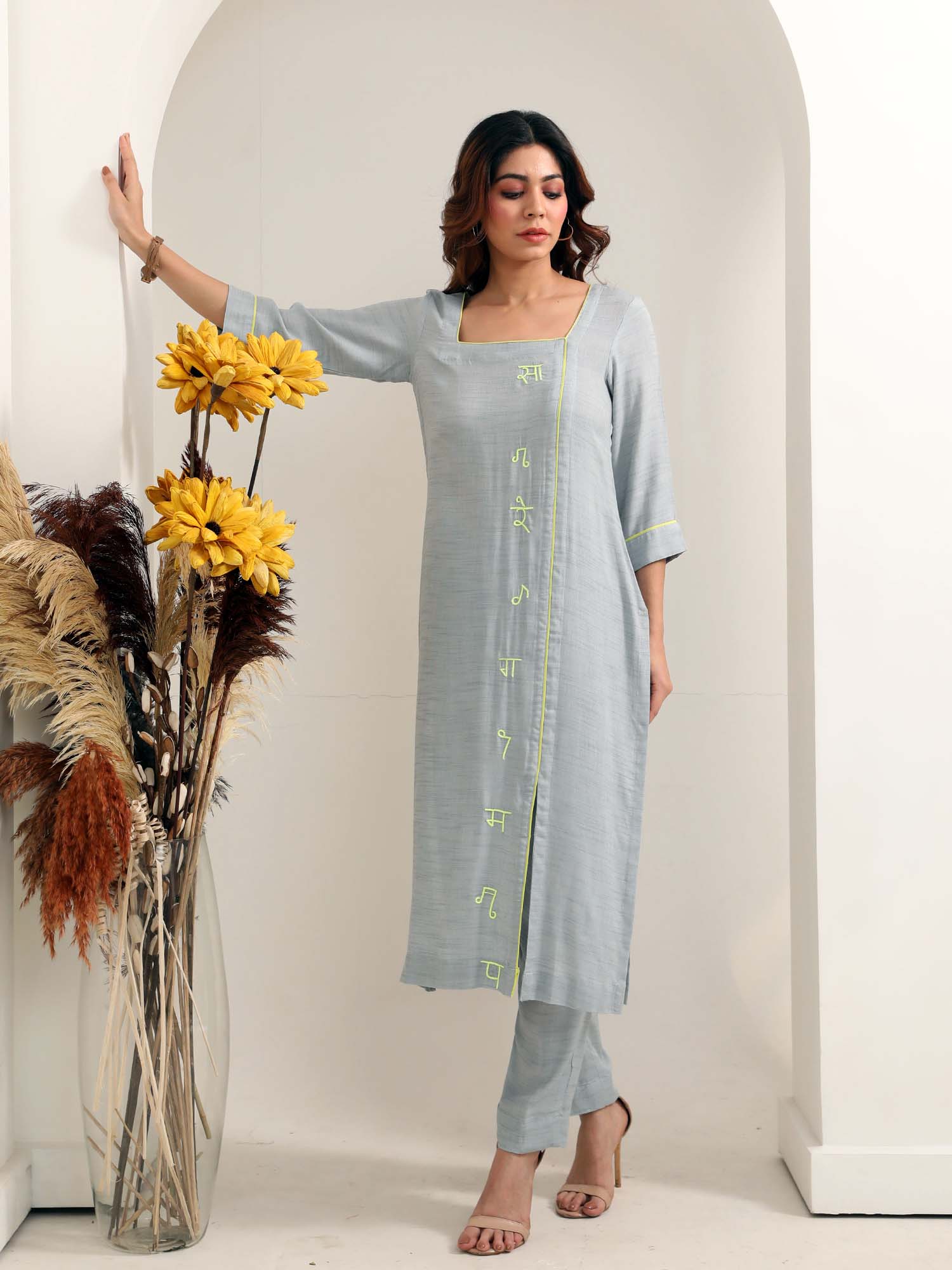 Soft Blue Grey Cotton Textured Kurta Pant Set Sargam Embroidery