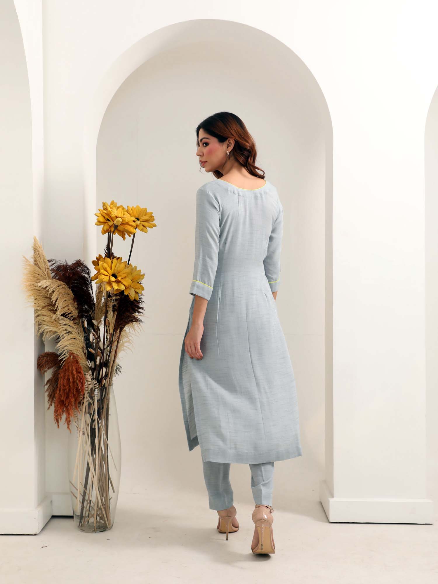 Soft Blue Grey Cotton Textured Kurta Pant Set Sargam Embroidery