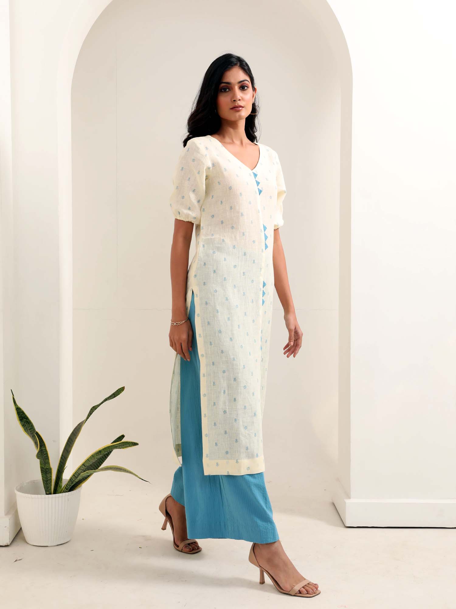 Classic Off White Blue Linen Cotton Floral Print Kurta Pant Set
