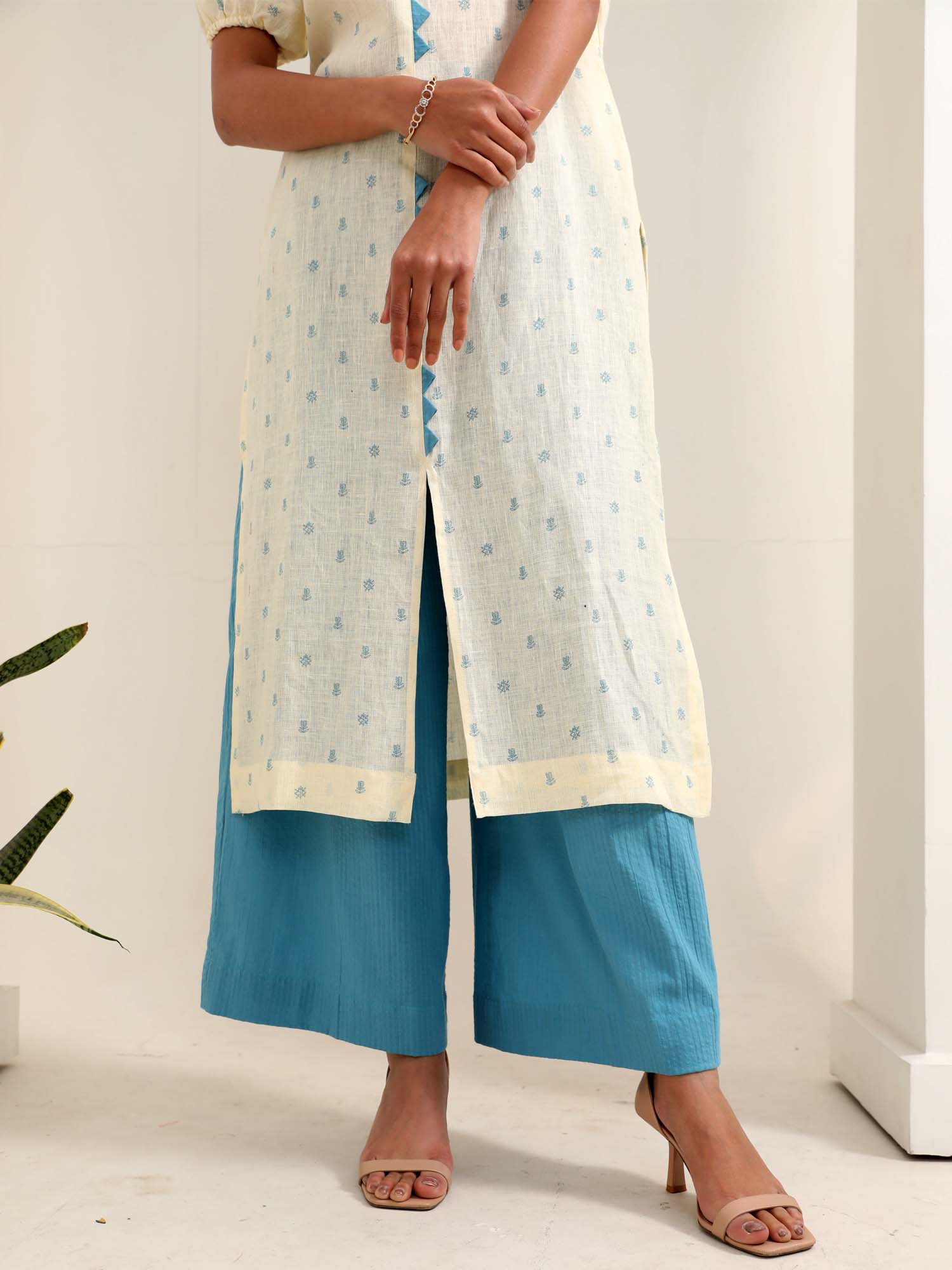 Classic Off White Blue Linen Cotton Floral Print Kurta Pant Set