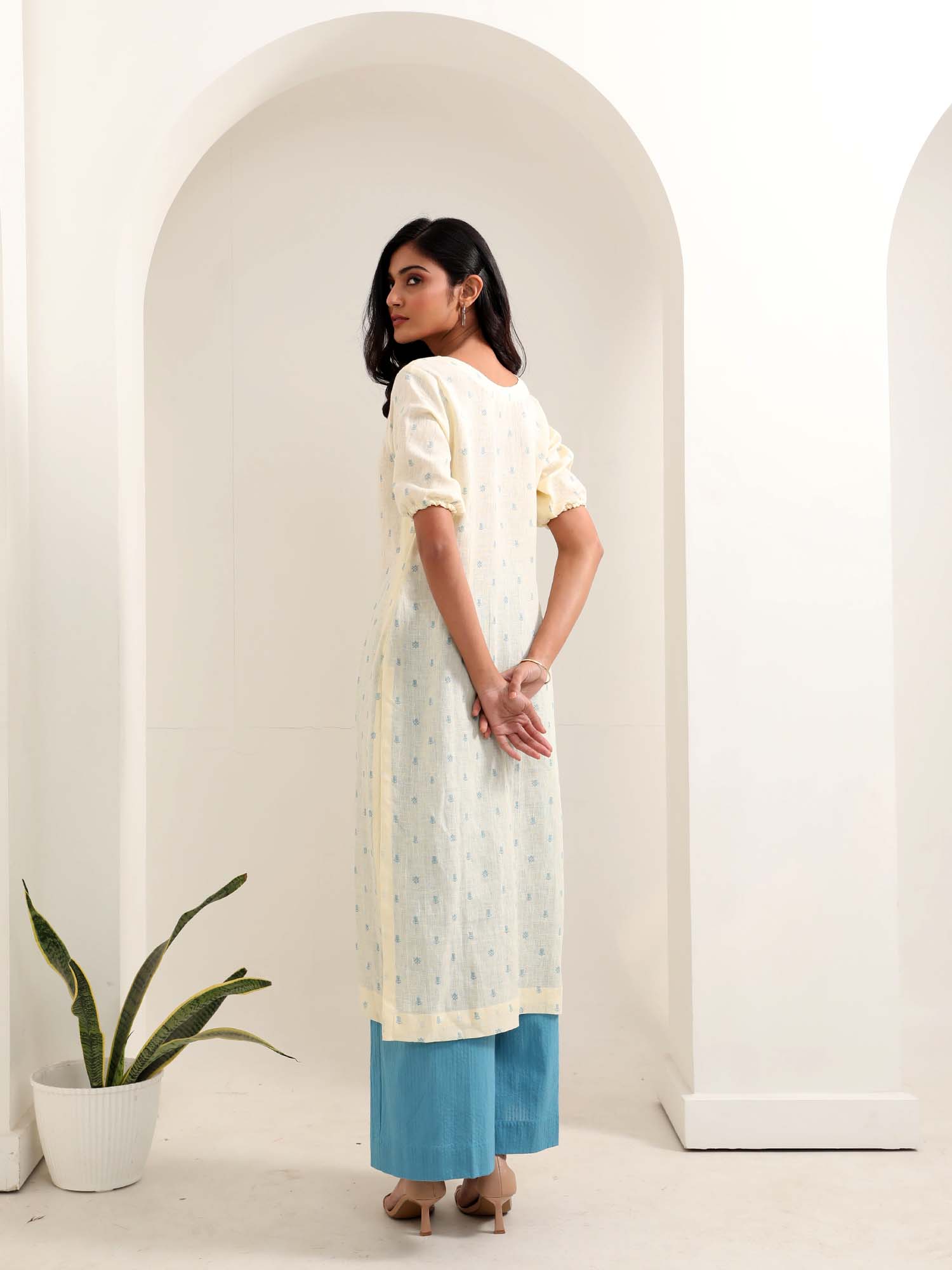 Classic Off White Blue Linen Cotton Floral Print Kurta Pant Set