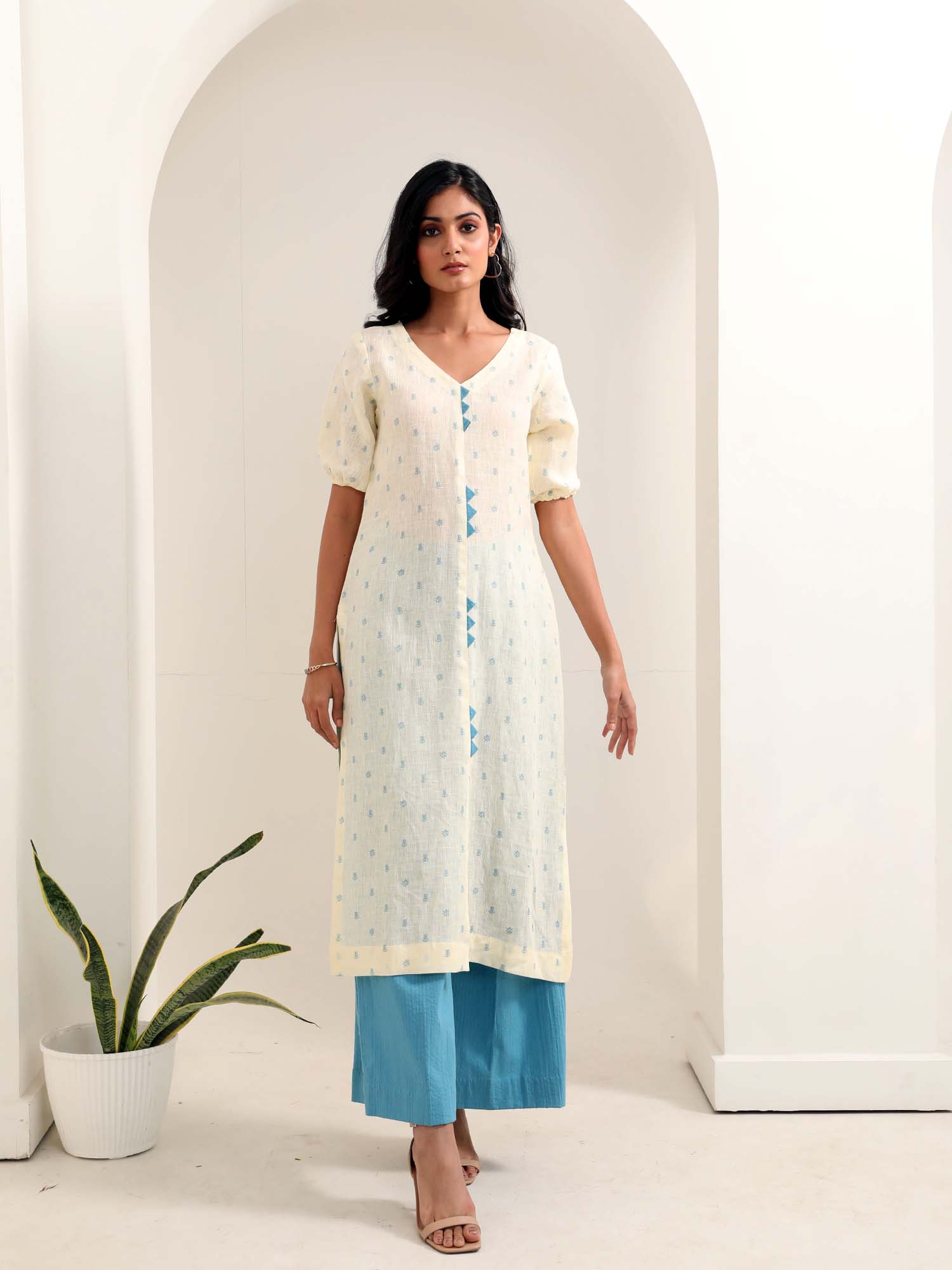 Classic Off White Blue Linen Cotton Floral Print Kurta Pant Set