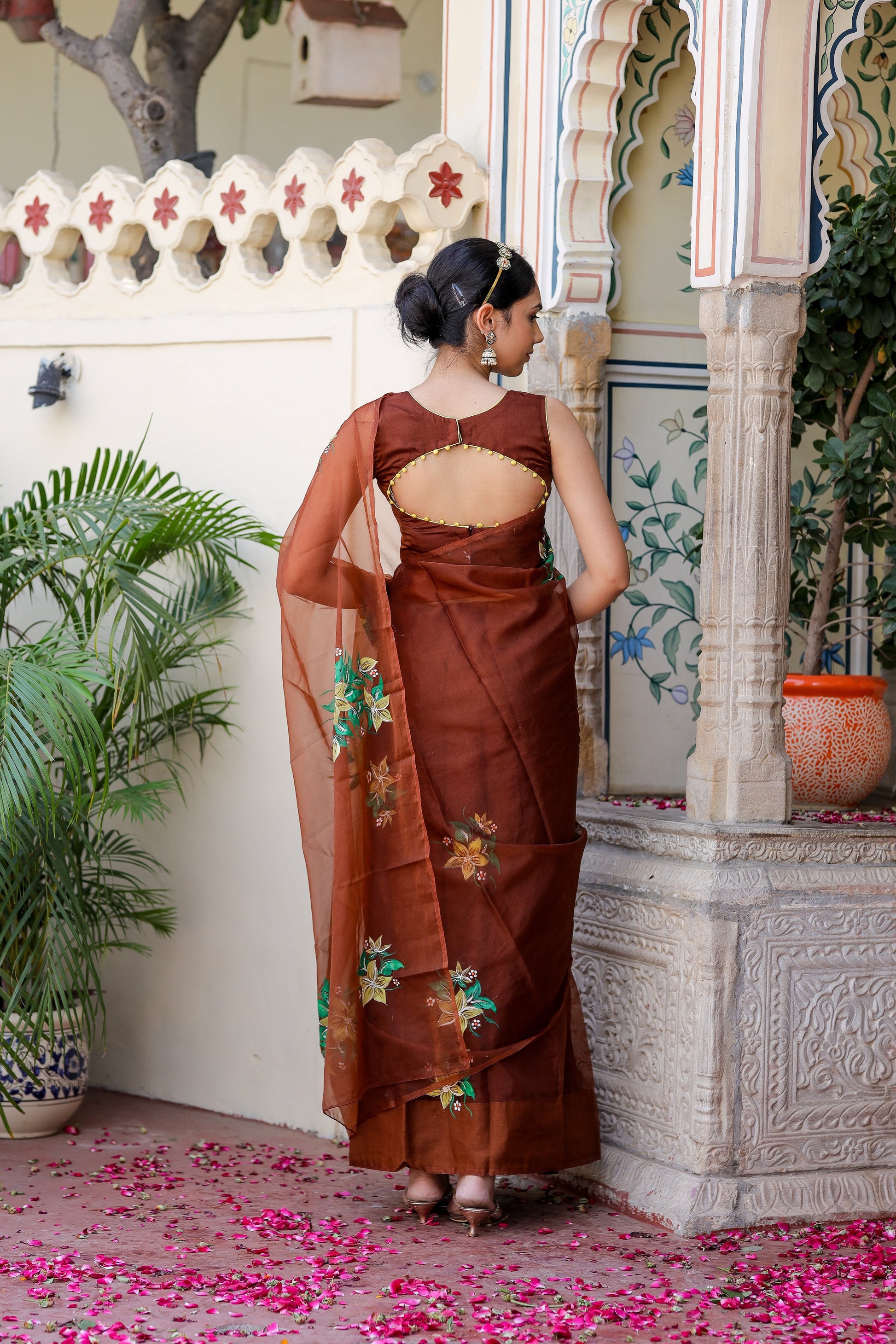 Sophisticated Brown Organza Handpainted Saree Floral