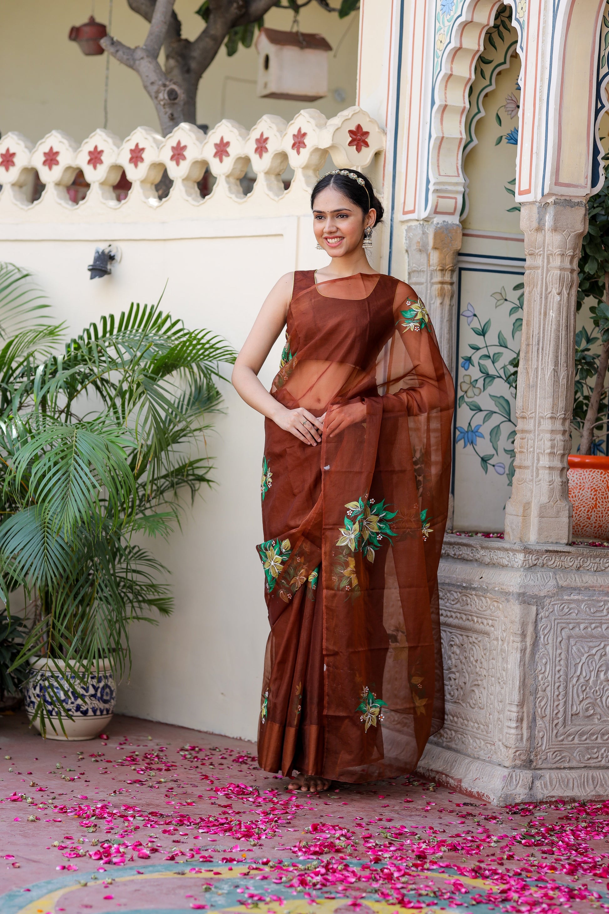 Sophisticated Brown Organza Handpainted Saree Floral