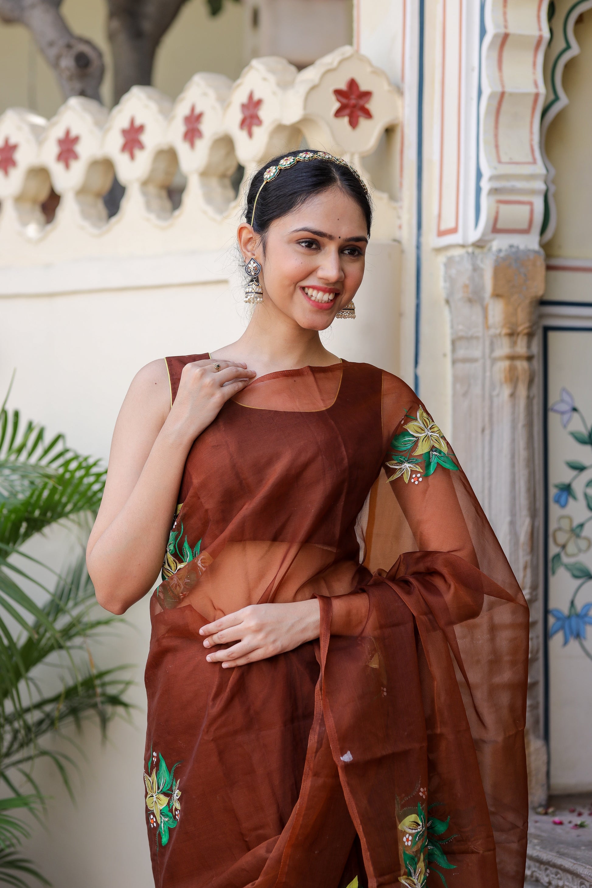 Sophisticated Brown Organza Handpainted Saree Floral