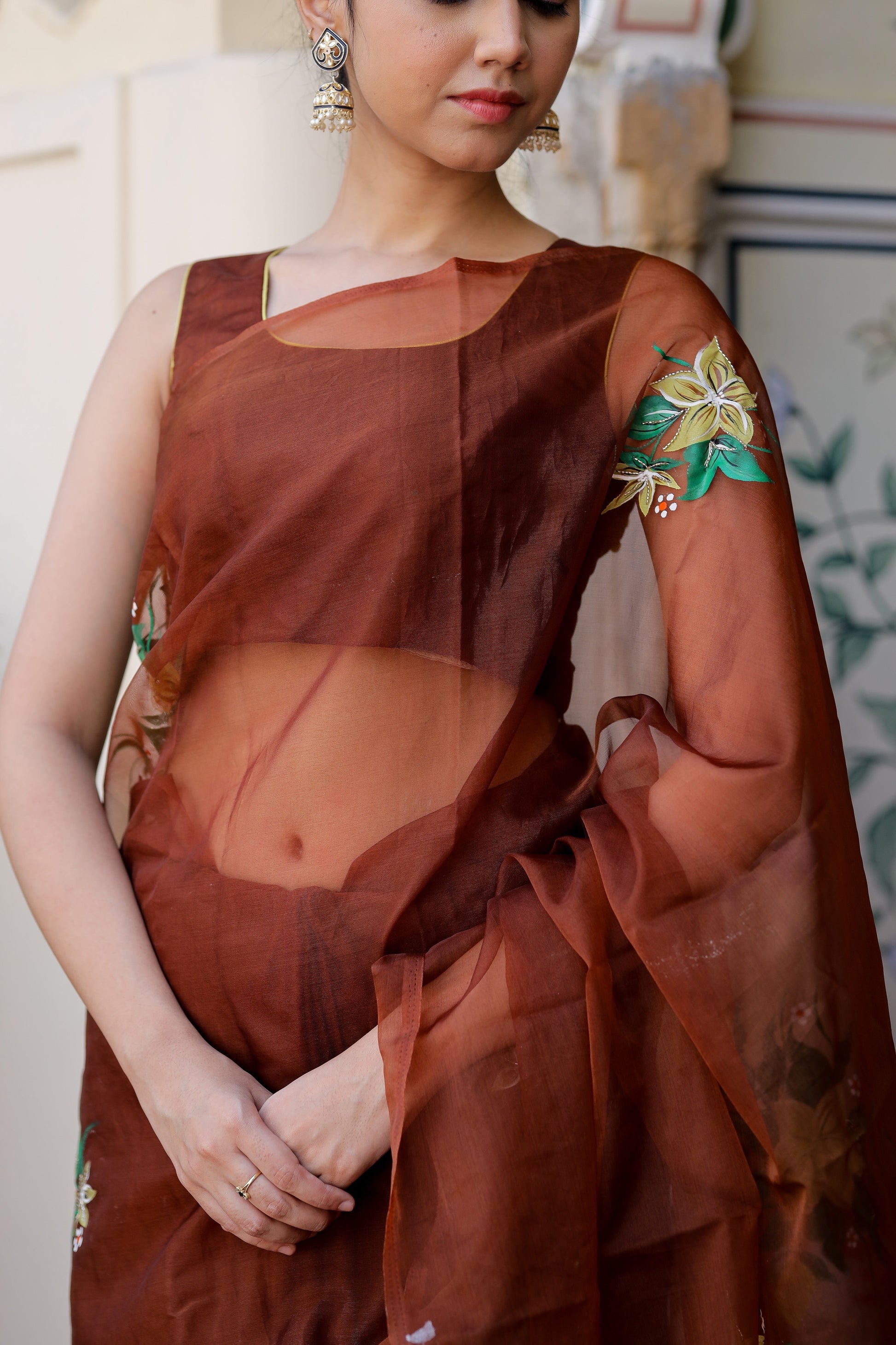 Sophisticated Brown Organza Handpainted Saree Floral