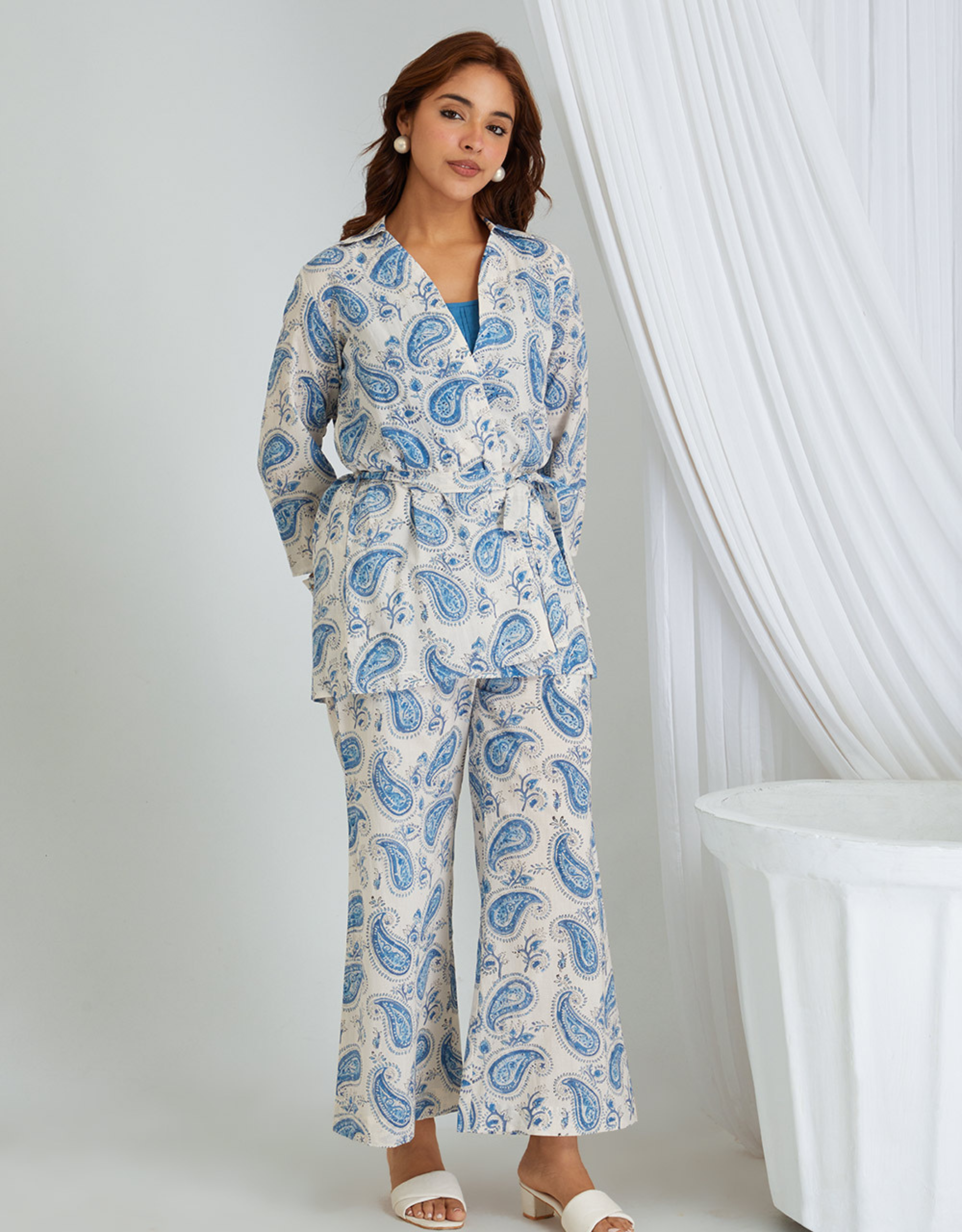 Blue Hand Block Cotton Shirt Top Slip Palazzo Co-ord Set Belt Knot