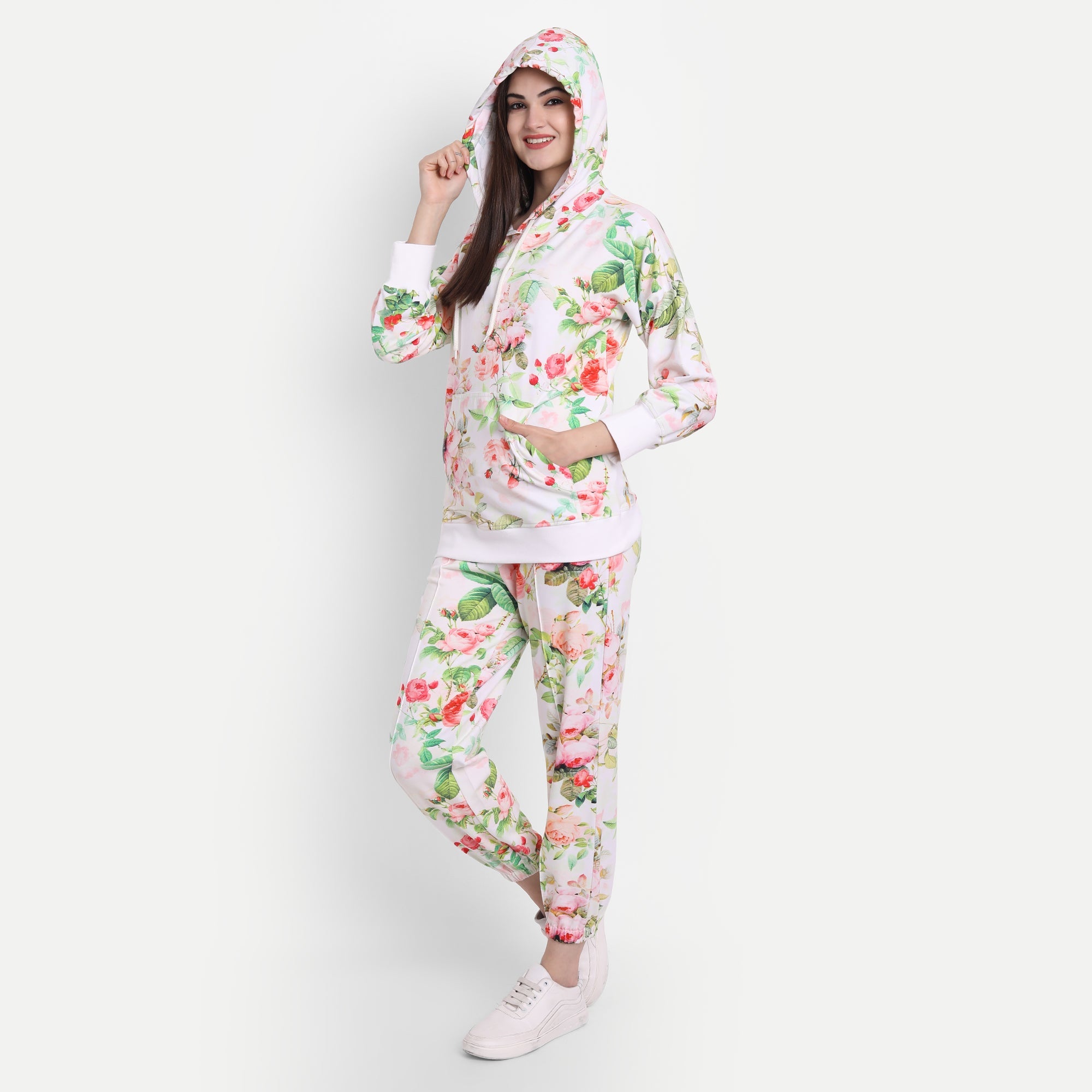 Elegant White French Terry Lycra Pristine Petals Floral Coord Set
