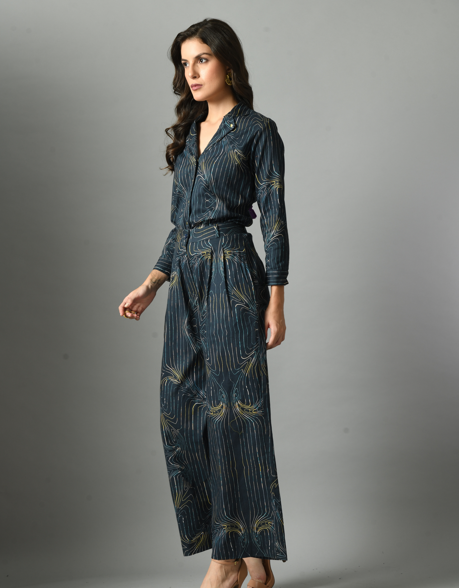 Mystic Royal Blue Linen Wondersea Shirt Trouser Set Digital Print