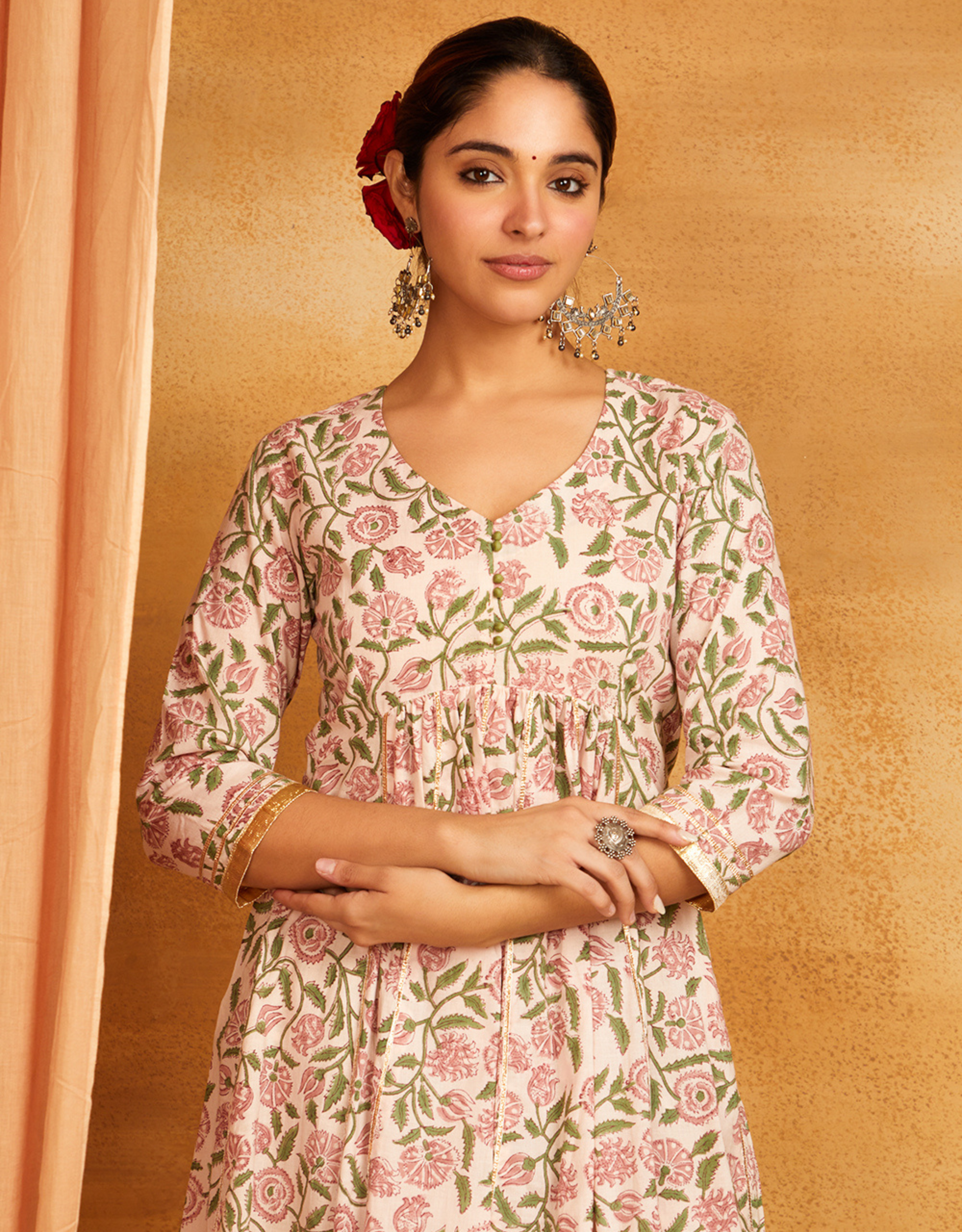 Green Block Printed Kalidar Gota Pati Kurta Sharara Chiffon Dupatta