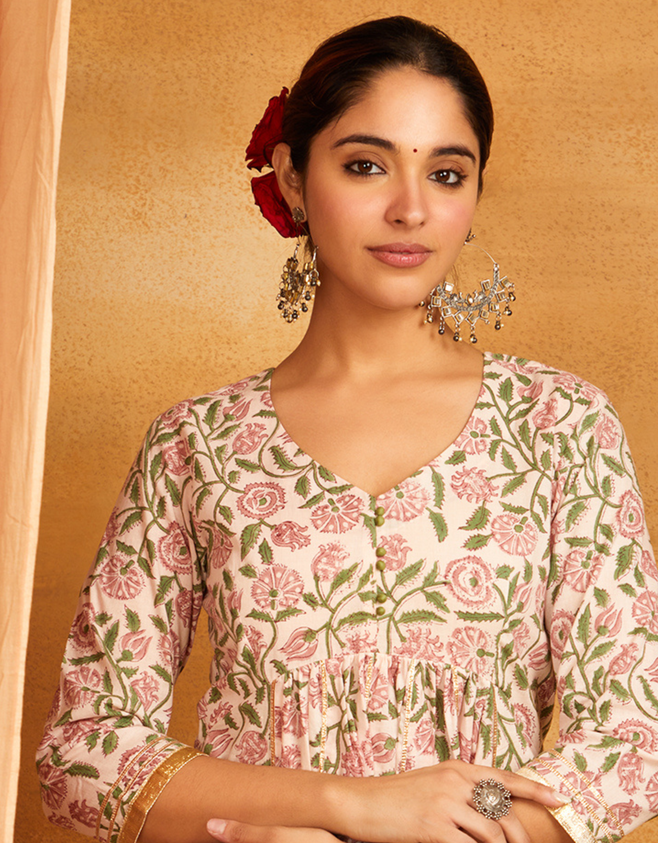 Green Block Printed Kalidar Gota Pati Short Gathered Kurta V Neck