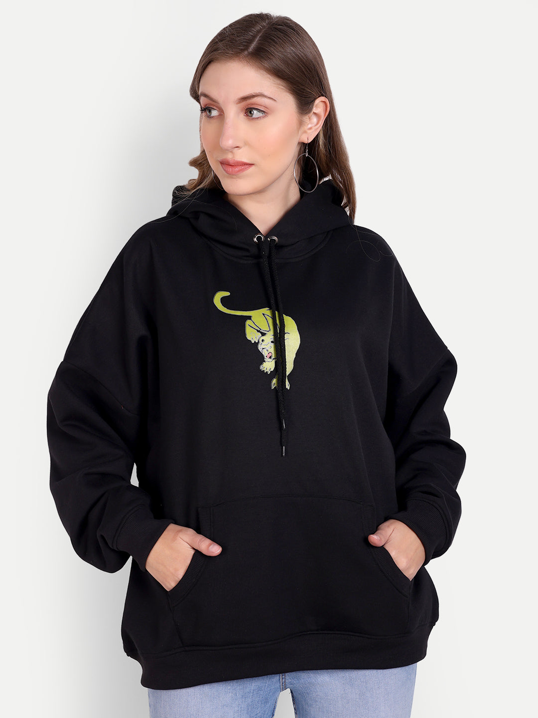 Bold Black Fleece Fierce & Untamed Print Hooded Sweatshirt