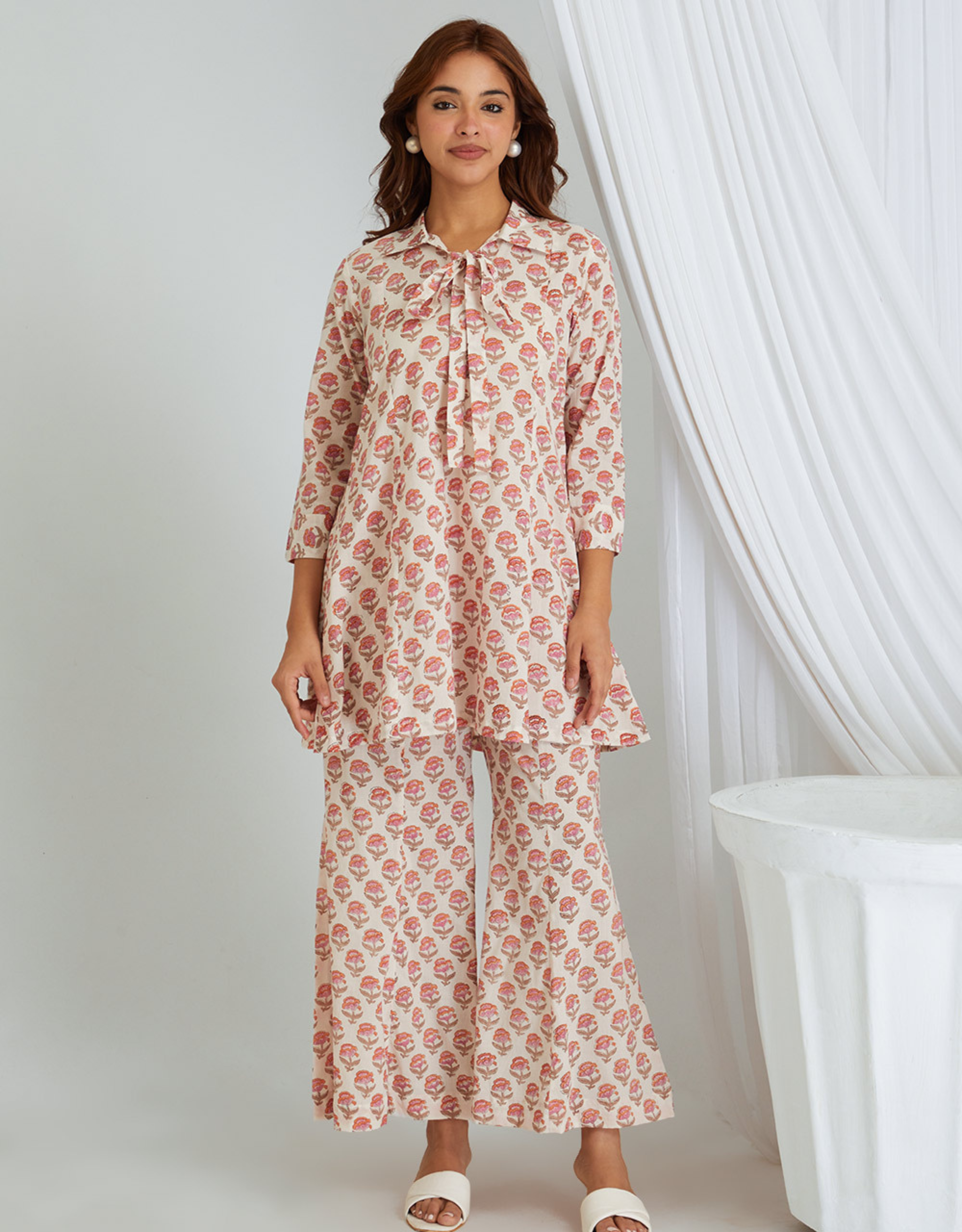 Pink Block Printed Cotton Tunic Palazzo Co-ord Set Kali Front