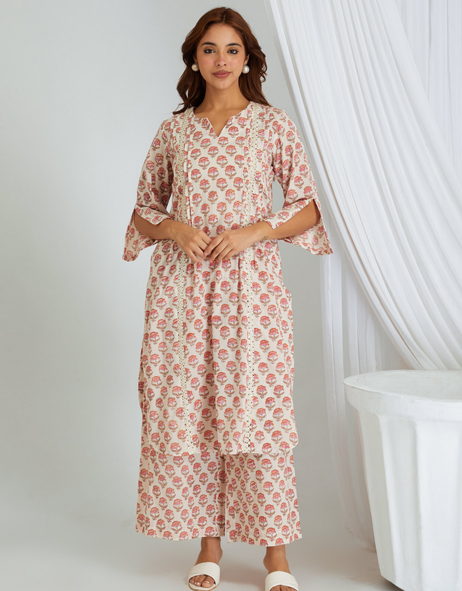White Pink Hand Block Cotton Kurta Palazzo Co-ord Set Lace Tucks