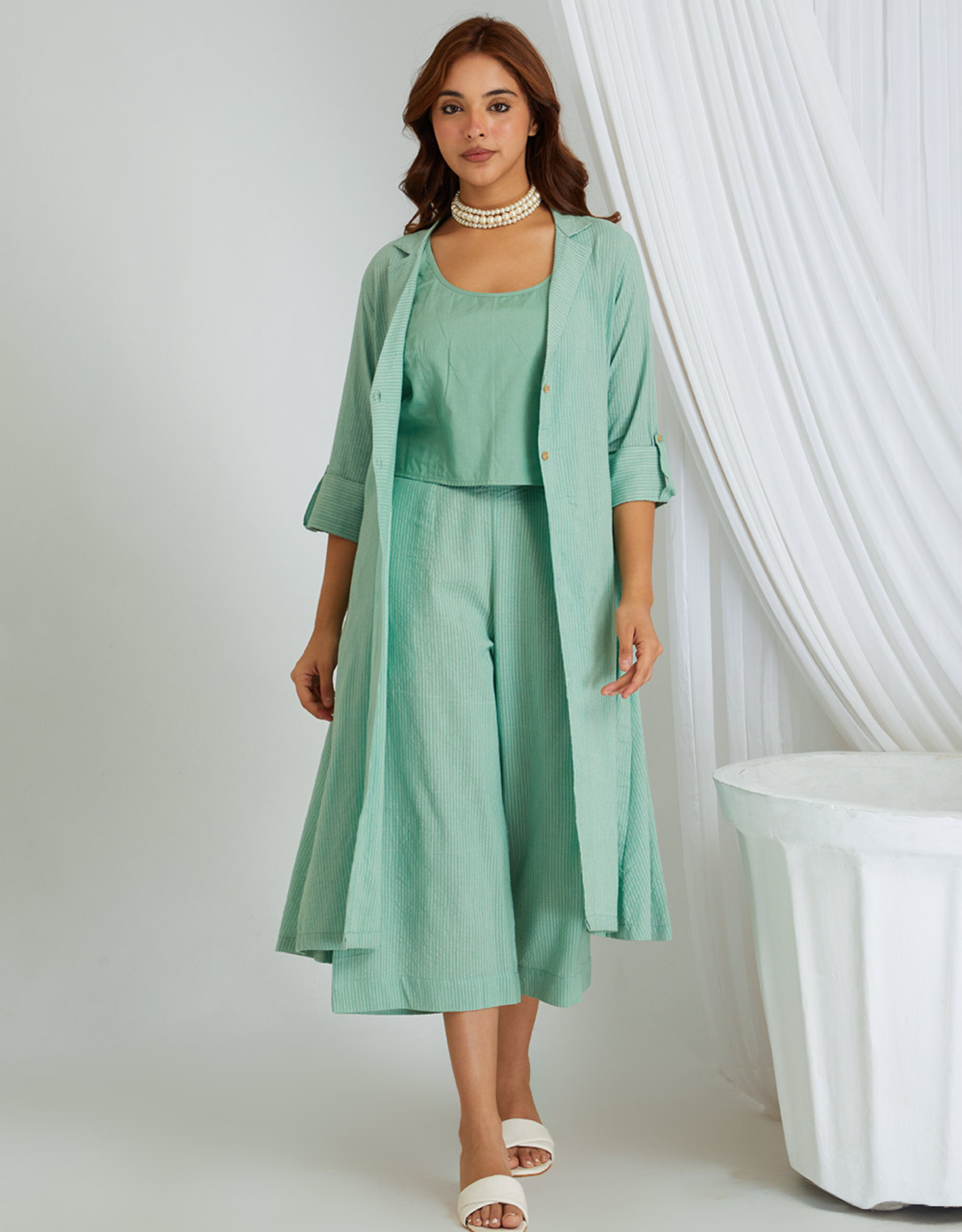 Sea Green Kantha Weaving Cotton Shrug Slip Pants Co-ord Set Collar