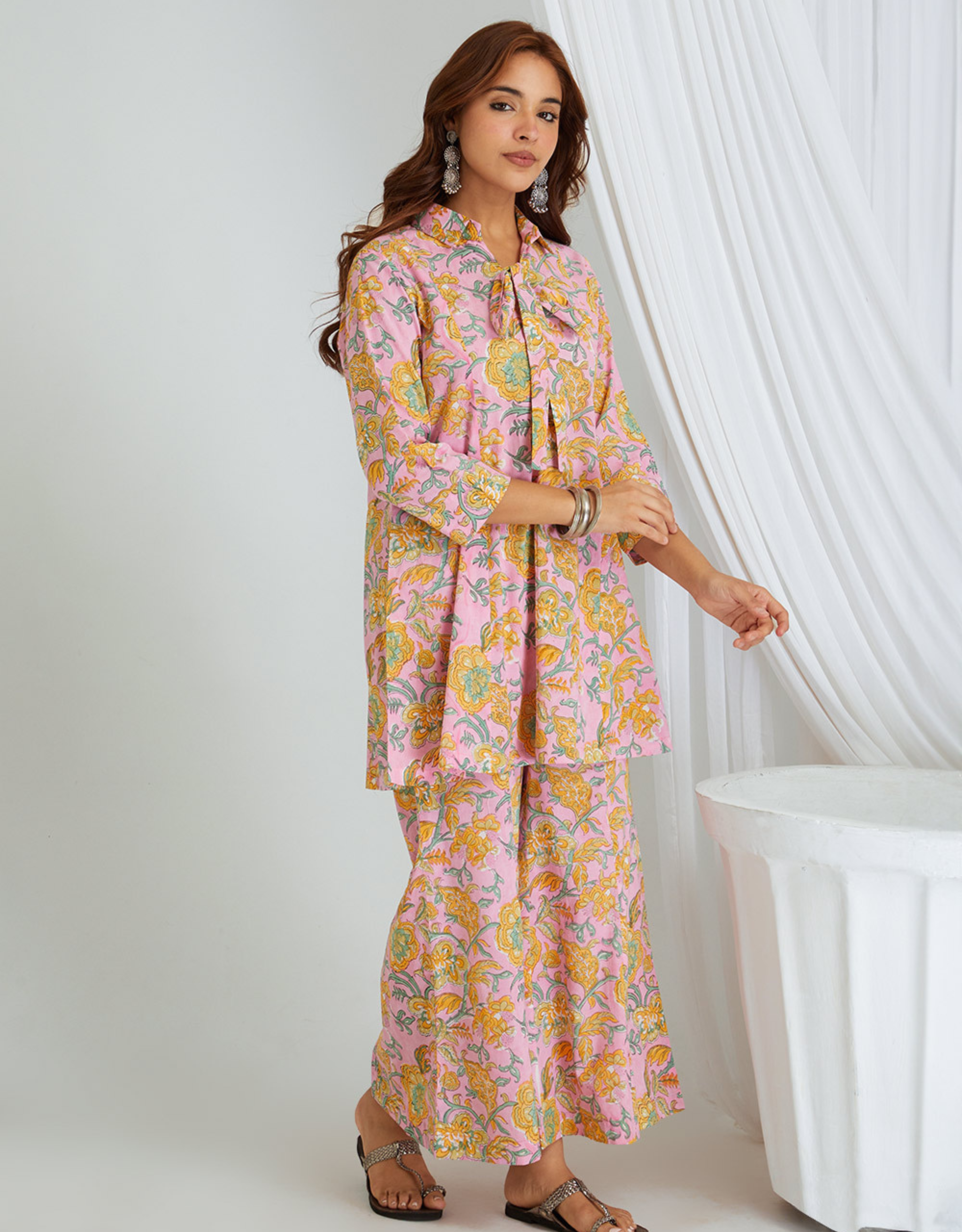 Pink Hand Block Cotton Tunic Palazzo Co-ord Set Kali Front