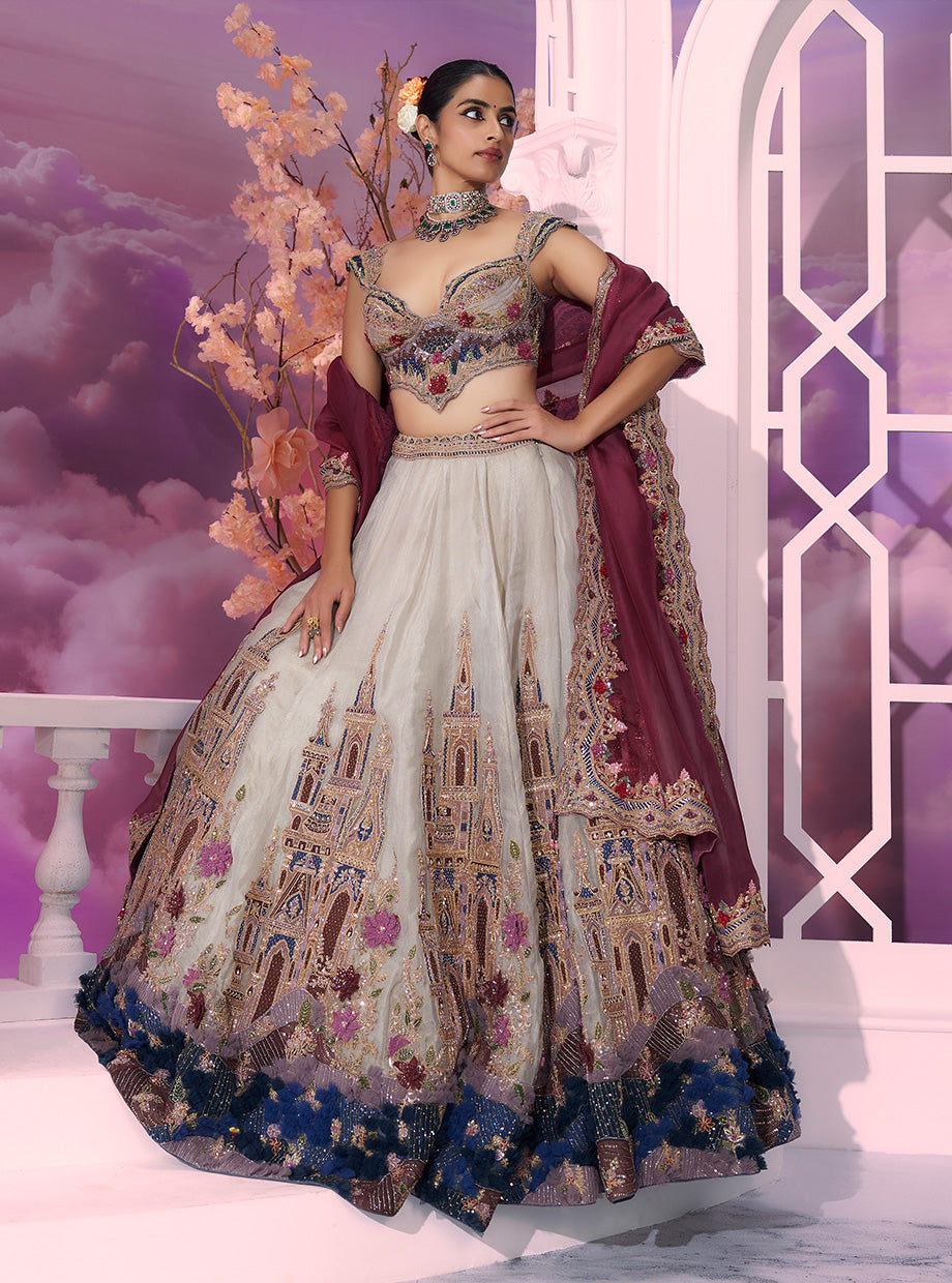 Sage Green Tissue Castle Lehenga with Hot Pink Dupatta