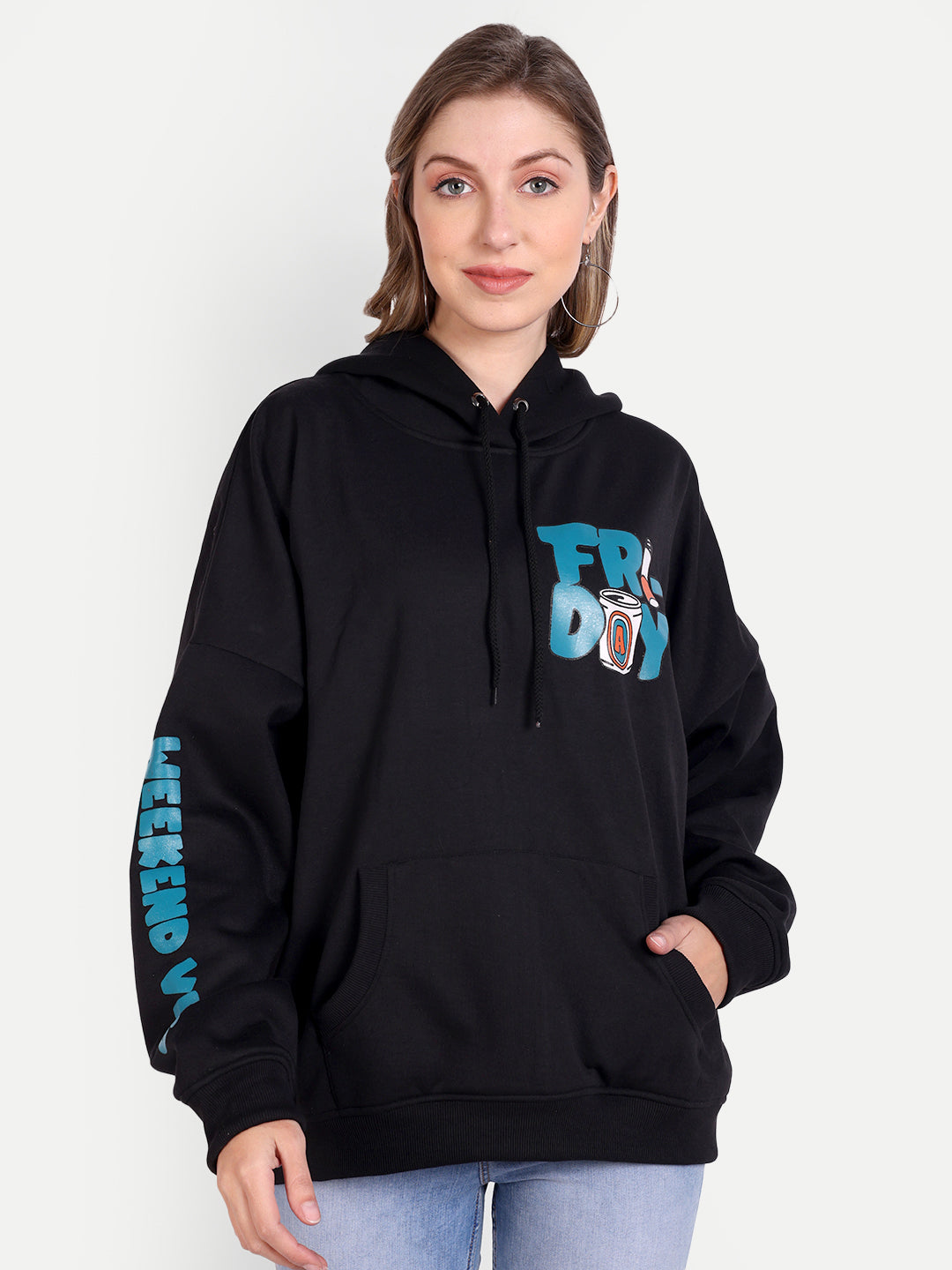 Stylish Black Fleece Weekend Print Sweatshirt - Front Back