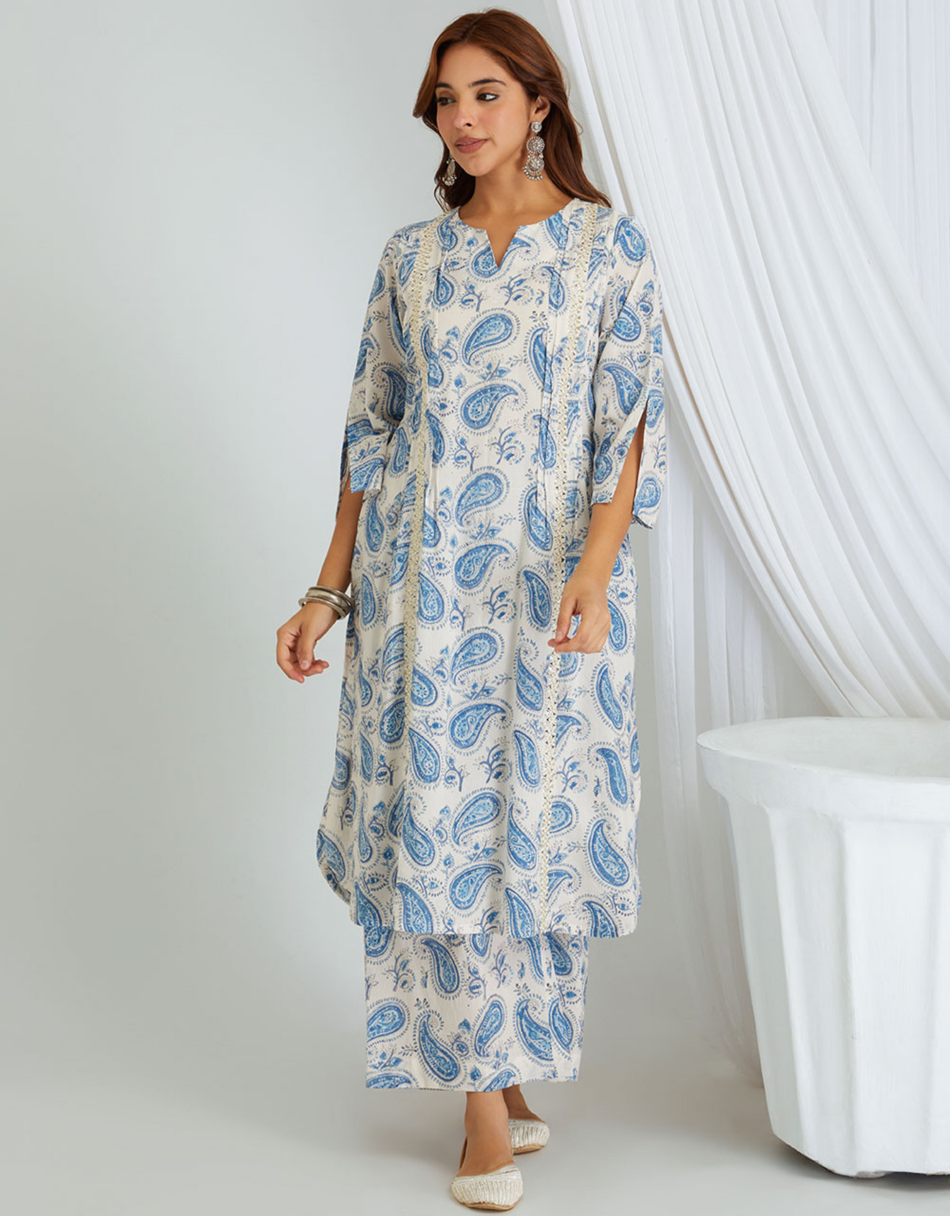 White Blue Hand Block Cotton Kurta Palazzo Co-ord Set Lace Tucks