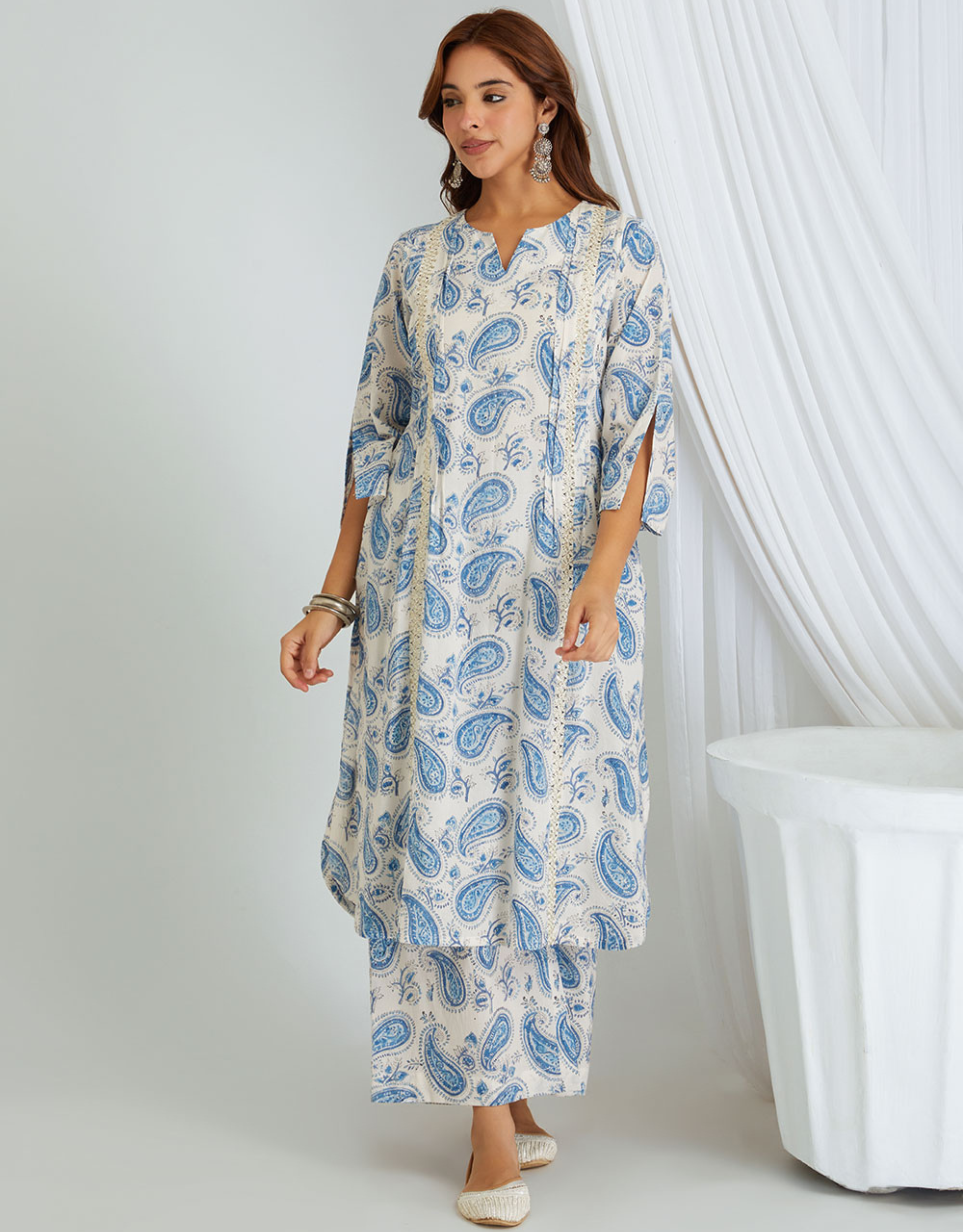 White Blue Hand Block Cotton Kurta Palazzo Co-ord Set Lace Tucks