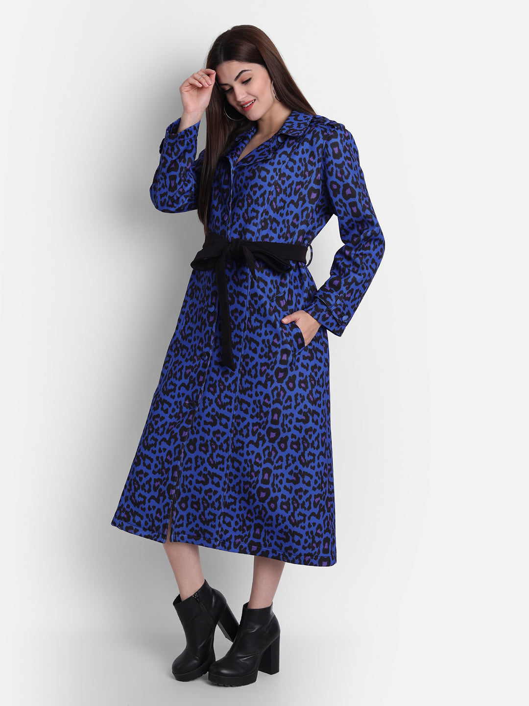 Fierce Blue Polyester Leopard Print Trench Coat