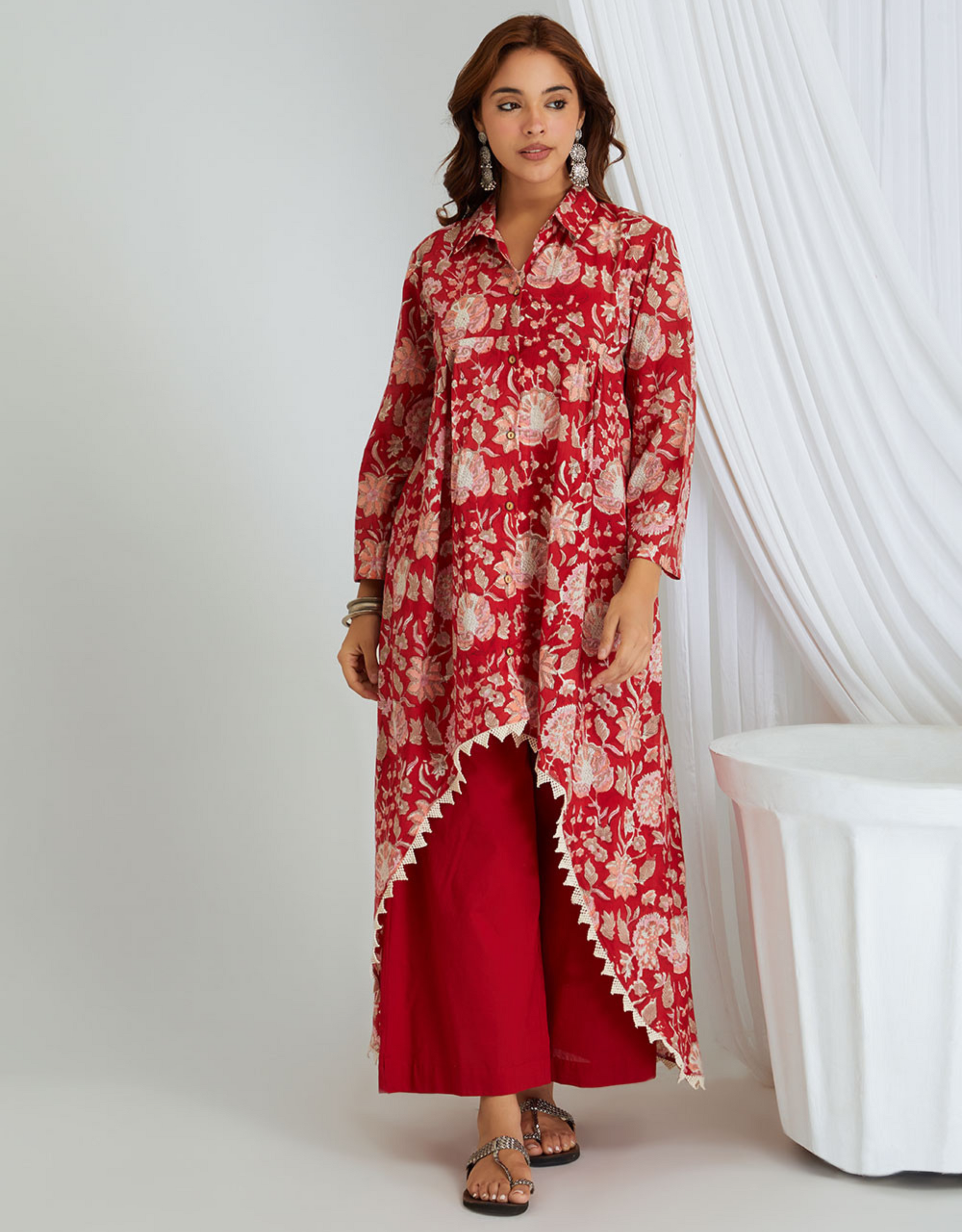 Red Hand Block Cotton High-Low Kurta Pants Co-ord Set Lace