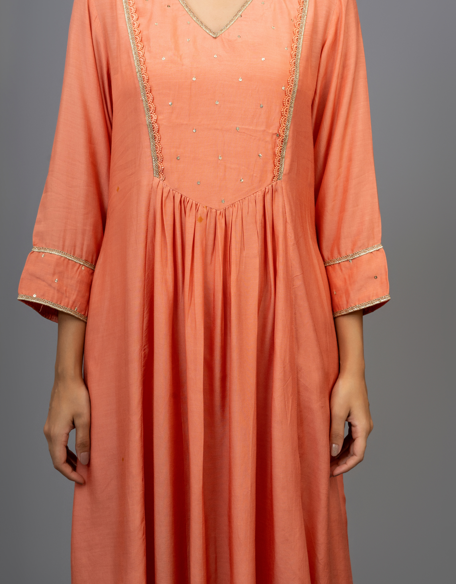 Rust Cotton Silk Hand Embroidered Gathered A-line Kurta Pants Set