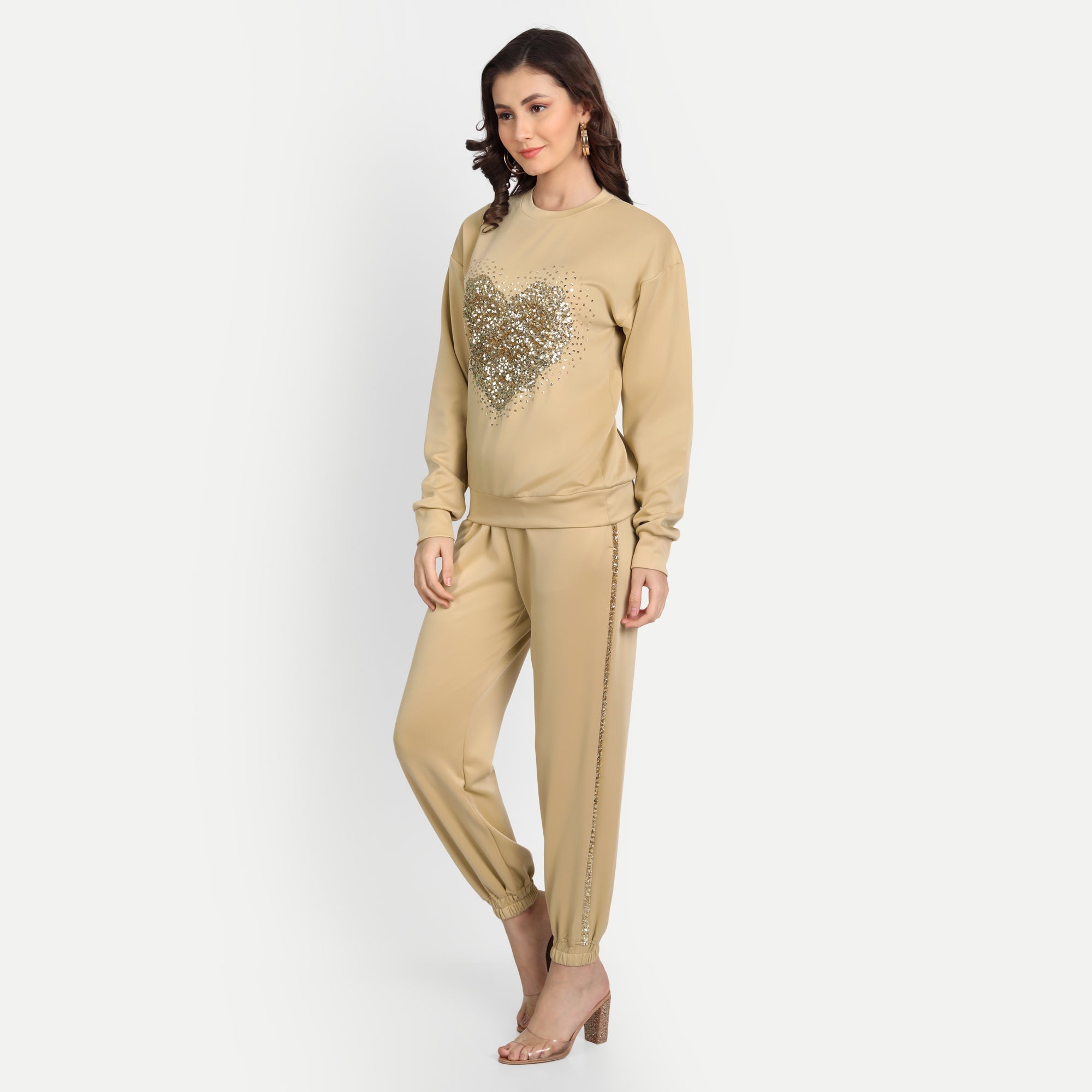Warm Beige Fleece Golden Heart Loungewear Coord Set