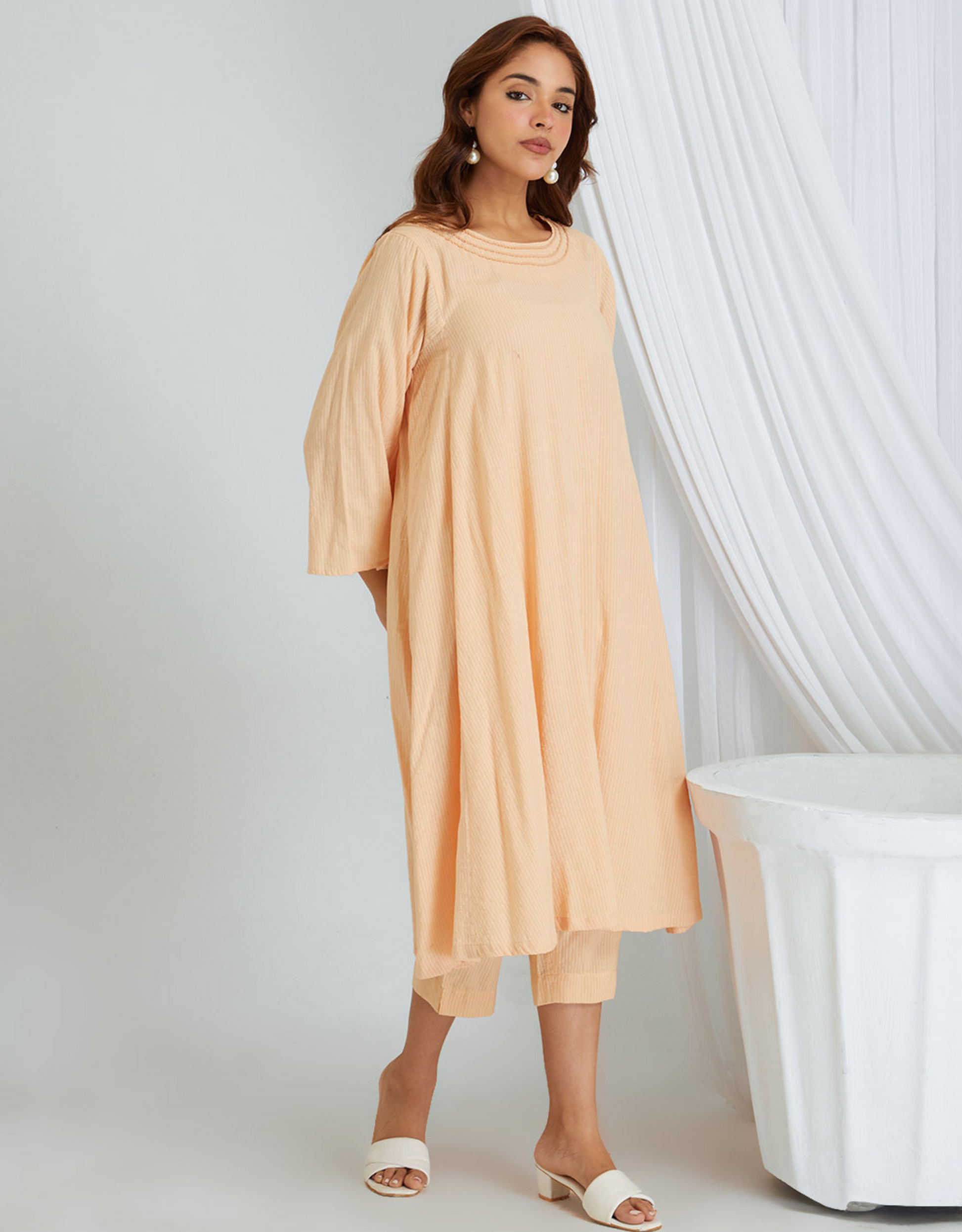 Peach Kantha Weaving Cotton Kurta Pants Co-ord Set Dori Flared