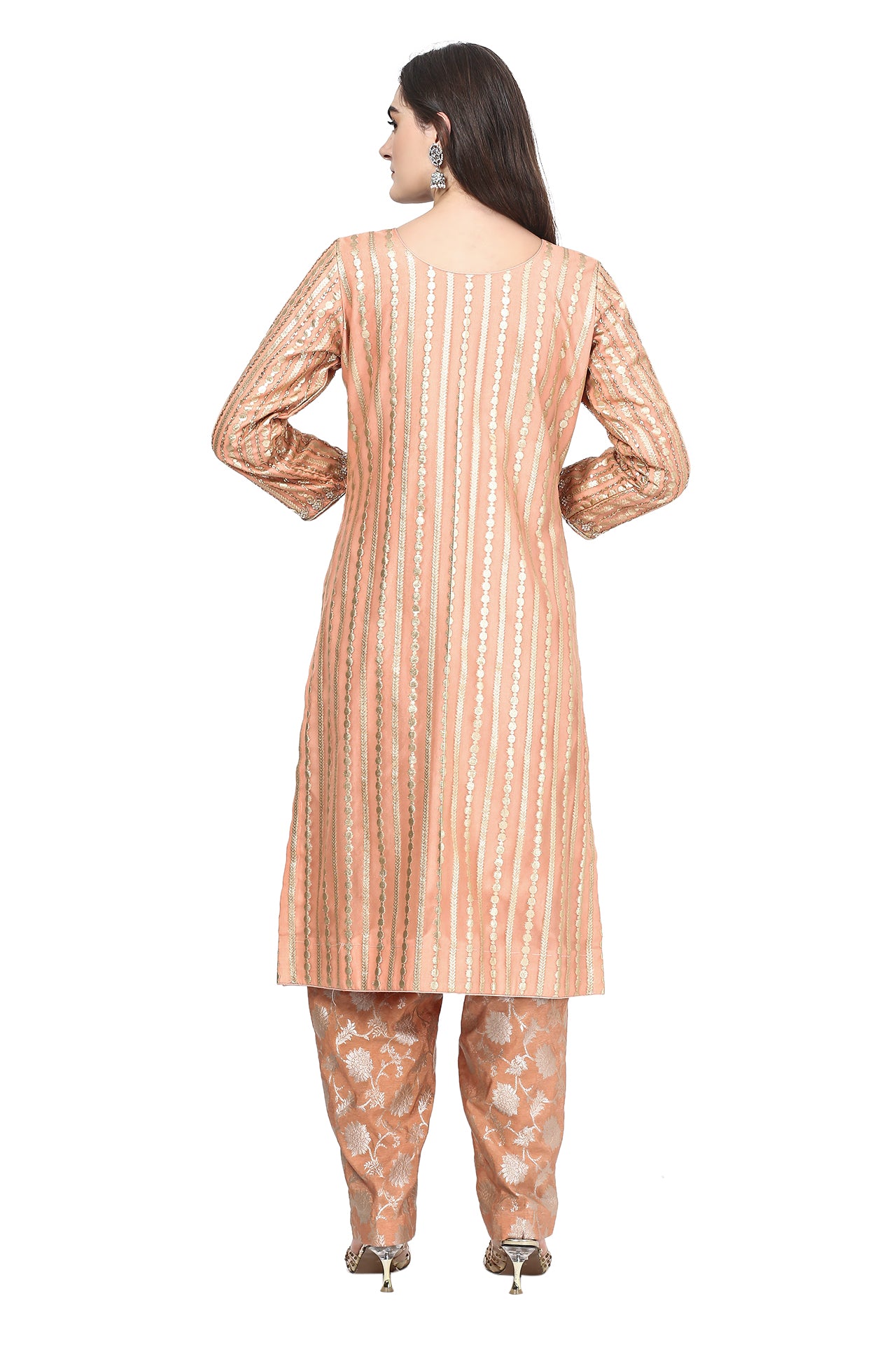 Hand-Embroidered Peach Kurta Set with Authentic Dabka Zardozi