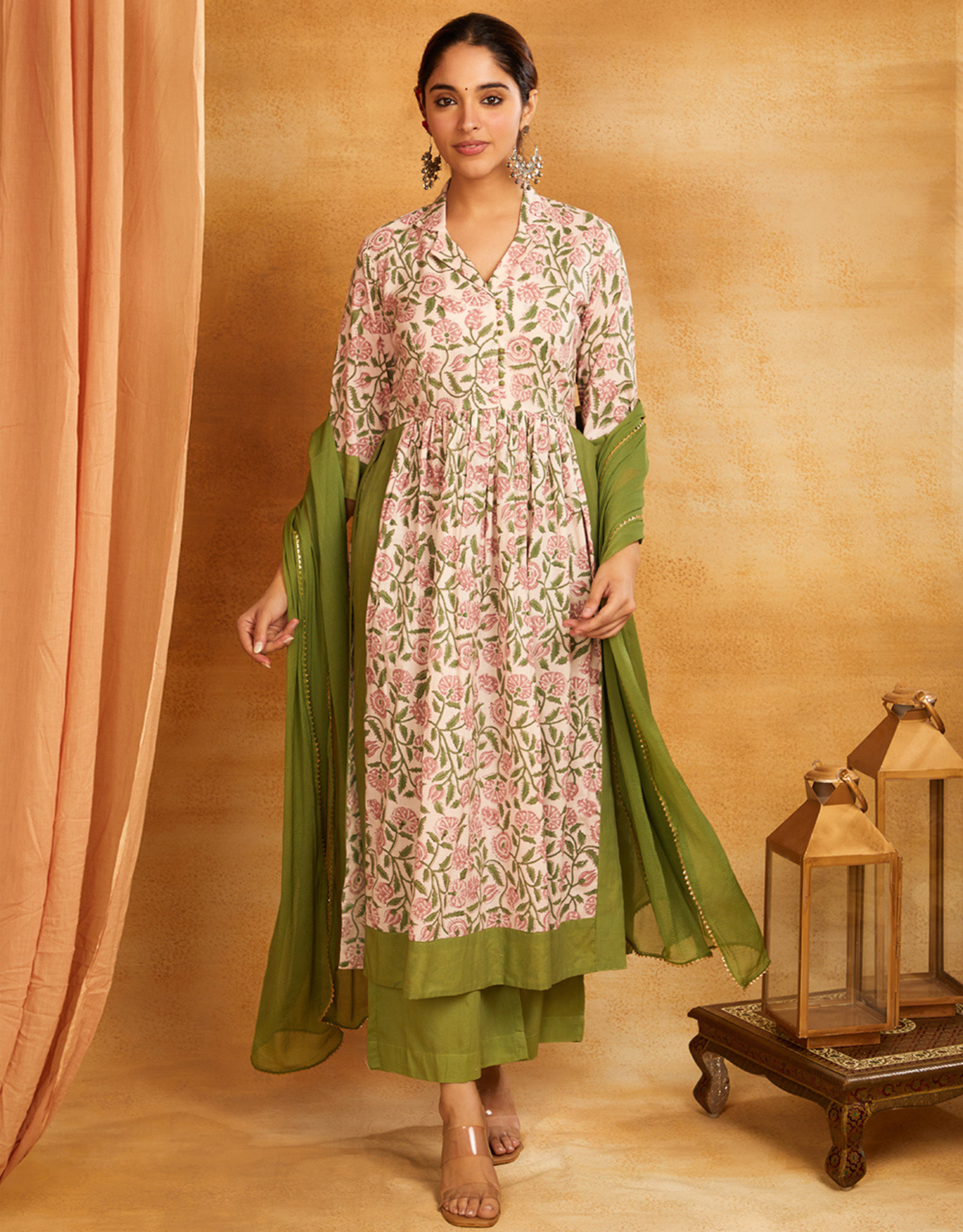 Green Block Printed Cotton Long Slit Kurta Palazzo Chiffon Dupatta