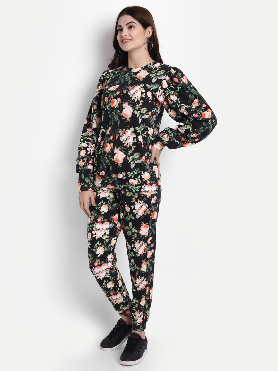 Elegant Black Beige White French Terry Floral Coord Set