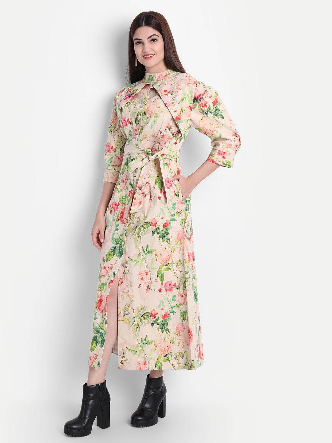Enchanting White Twill Lycra Floral Trench Coat