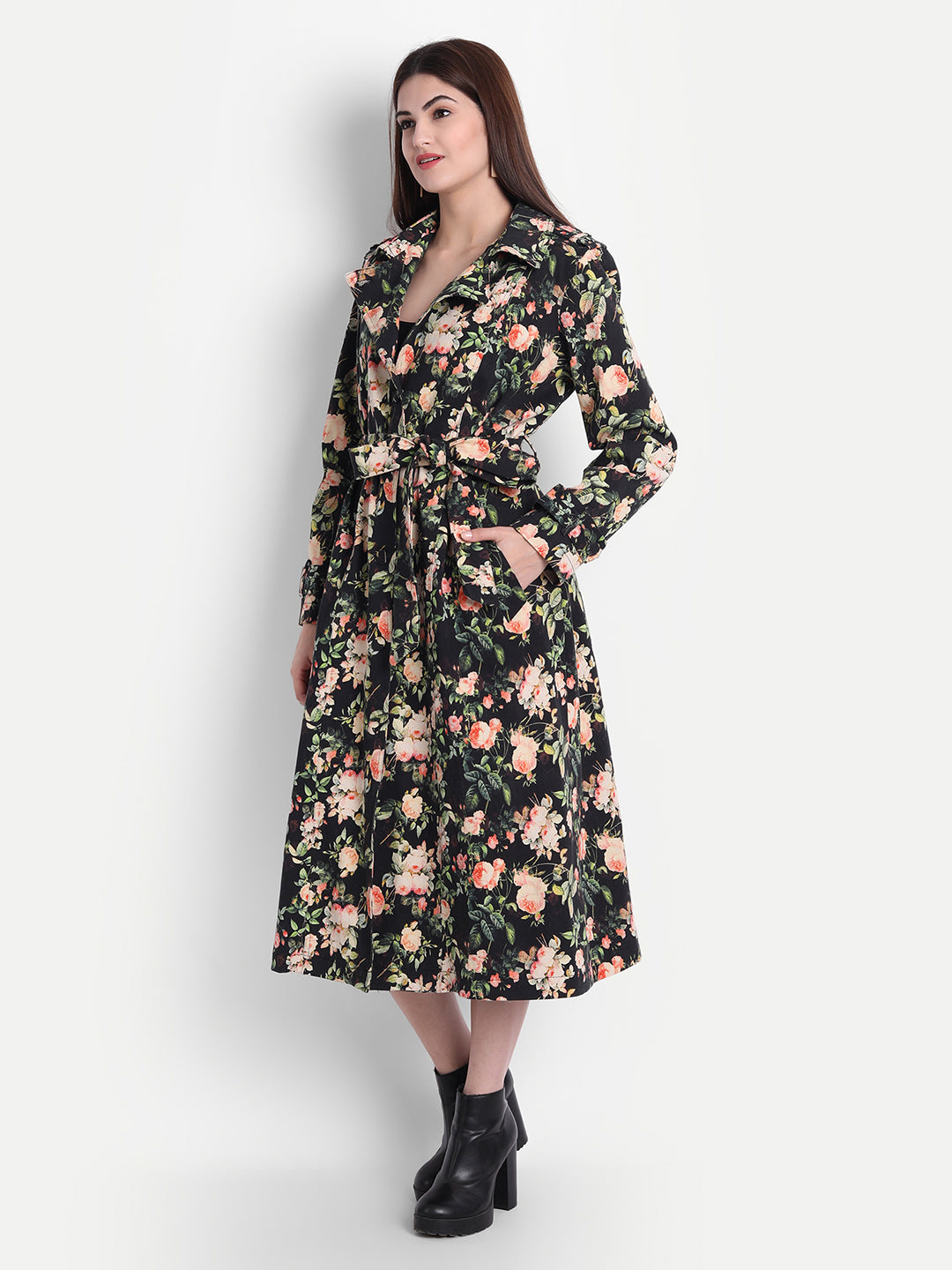 Sophisticated Black Beige White Twill Lycra Floral Trench Coat