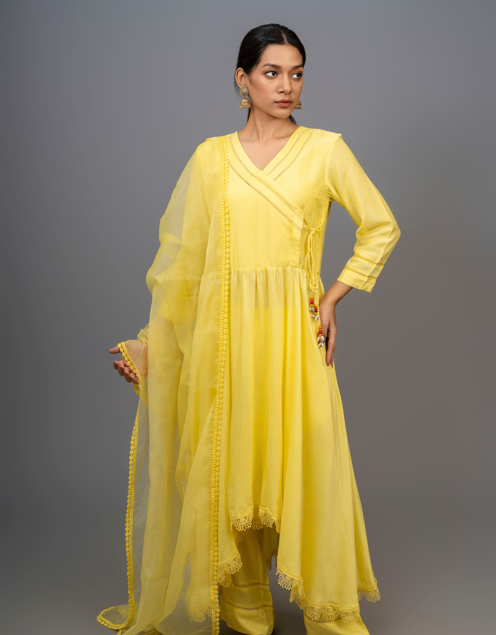 Yellow Cotton Silk Gathered A-line Angrakha Kurta Pants Lace