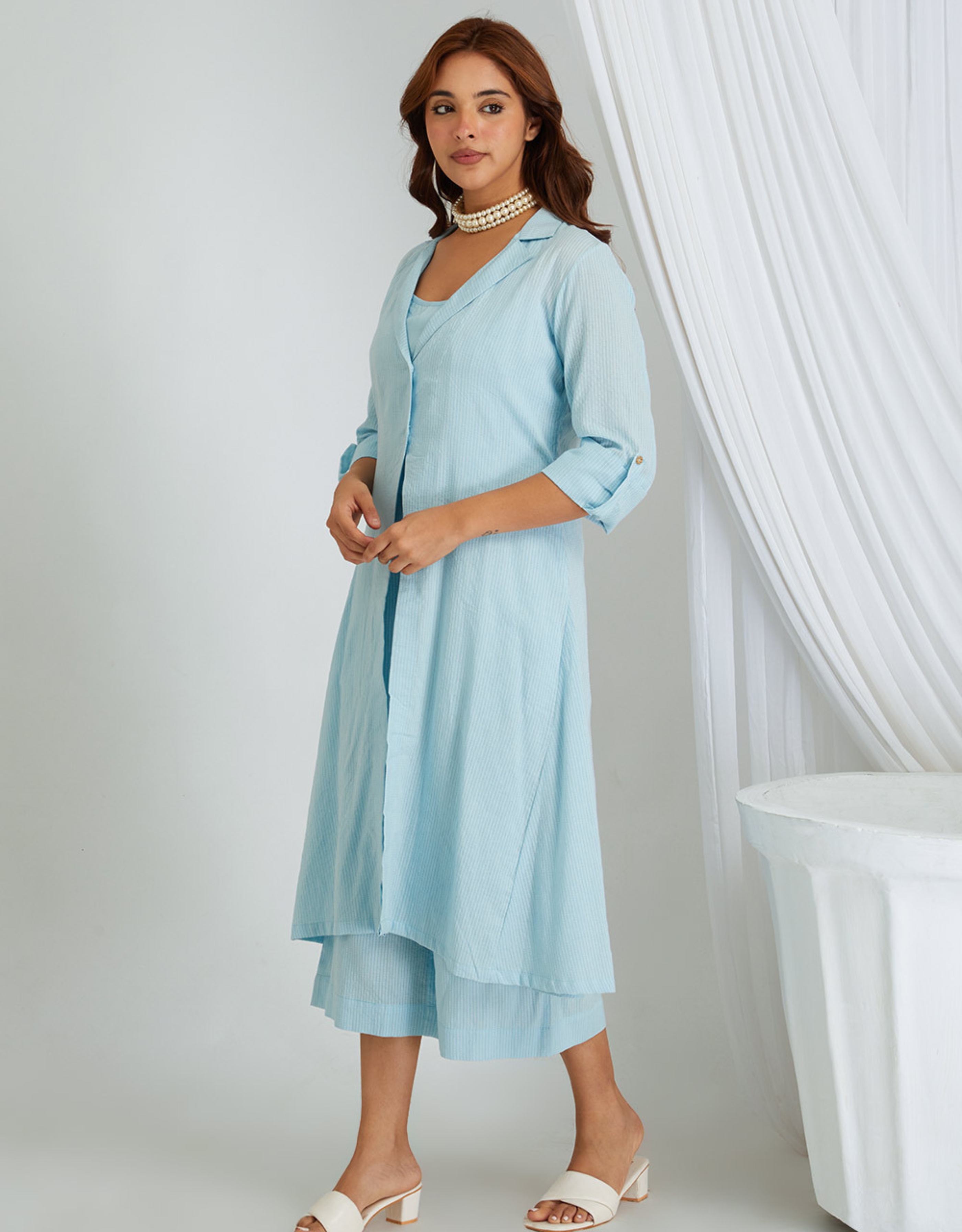 Blue Kantha Weaving Cotton Shrug Slip Pants Co-ord Set Collar