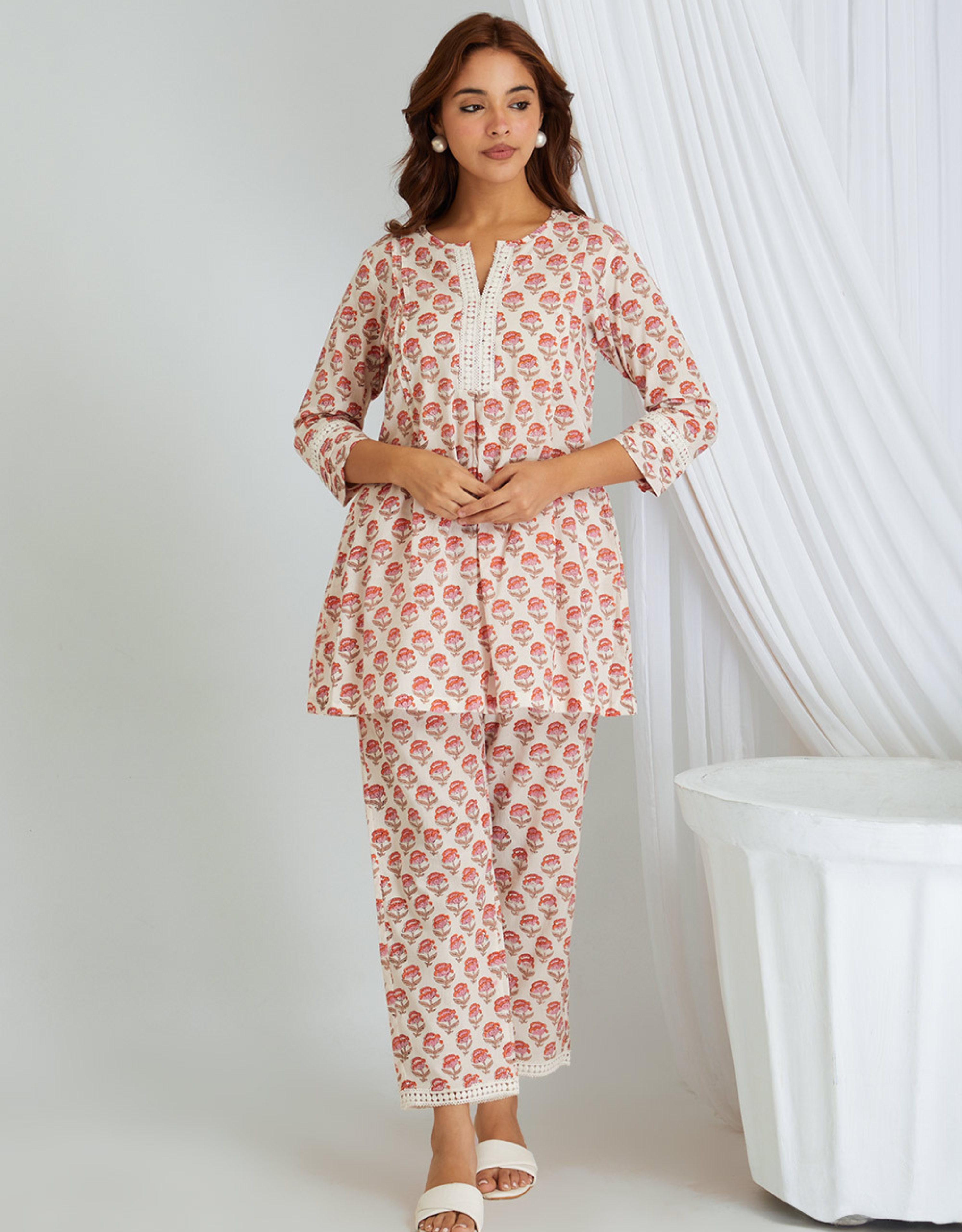 White Pink Hand Block Cotton Tunic Pants Co-ord Set Lace Detail