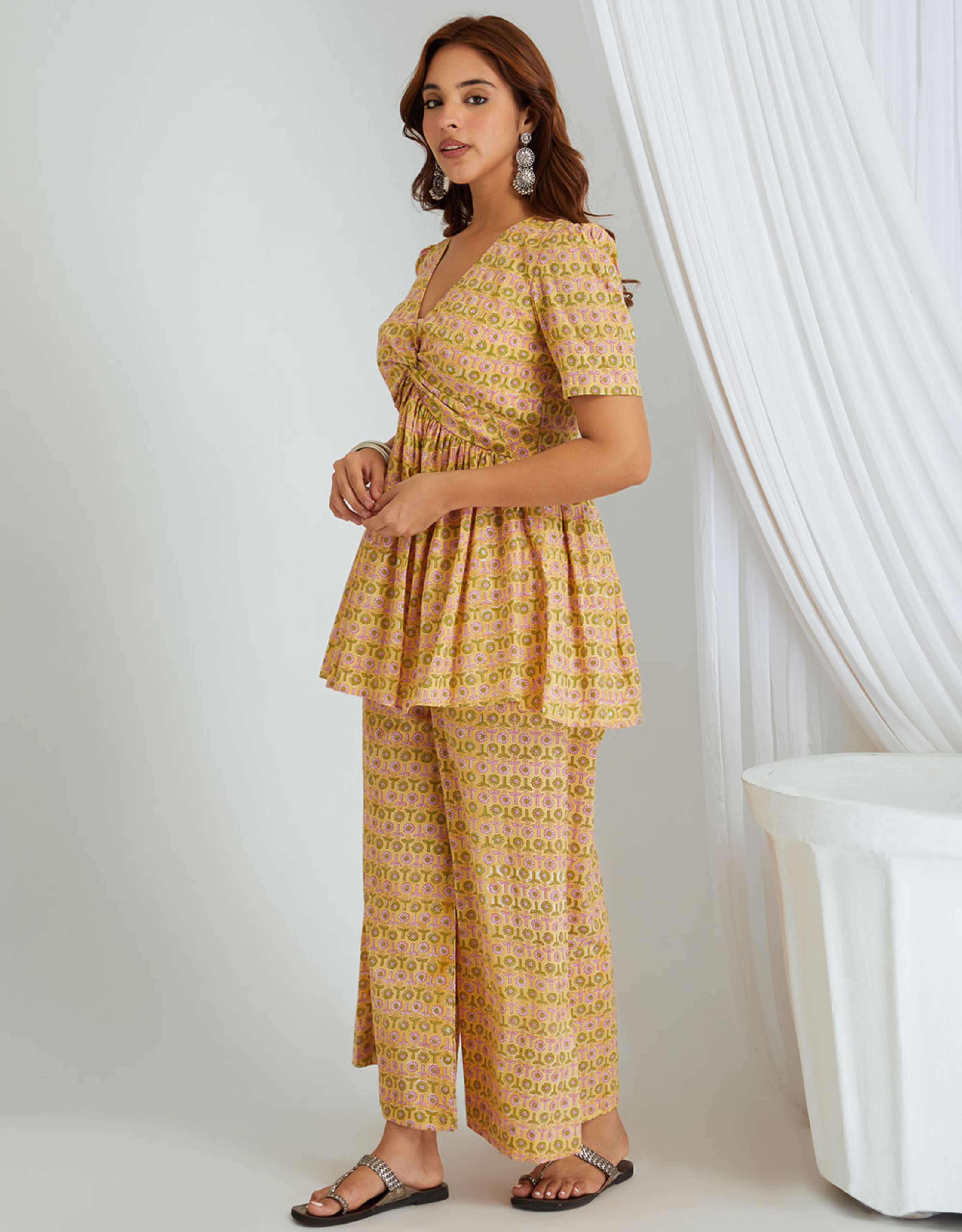 Mustard Yellow Hand Block Cotton Tunic Palazzo Co-ord Set Crushed Roll